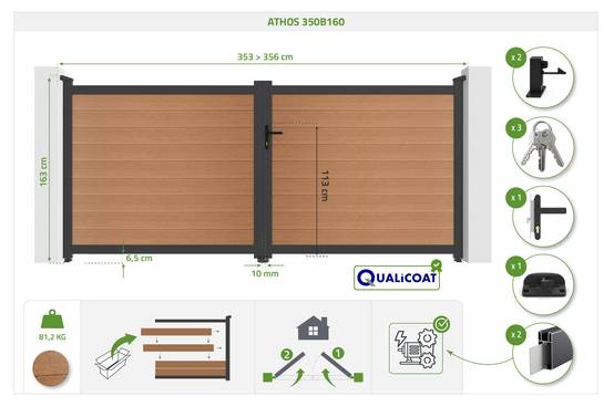 Casanoov Portail bois composite battant 3,5m ATHOS H.160cm teck avec cadre aluminium + motorisation BUNKER B500 - Image 2