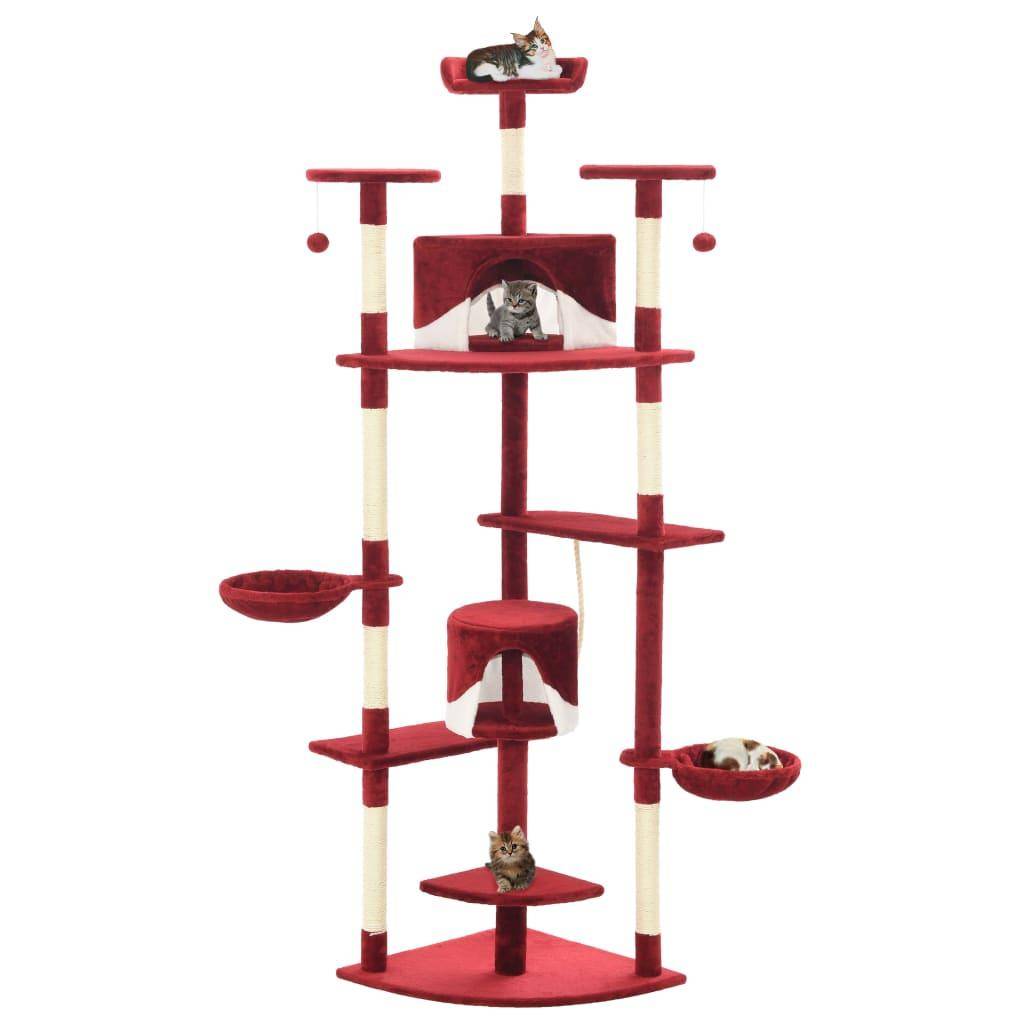 Helloshop26 - Arbre à chat griffoir grattoir niche jouet animaux peluché en sisal 203 cm rouge et blanc - Image 1