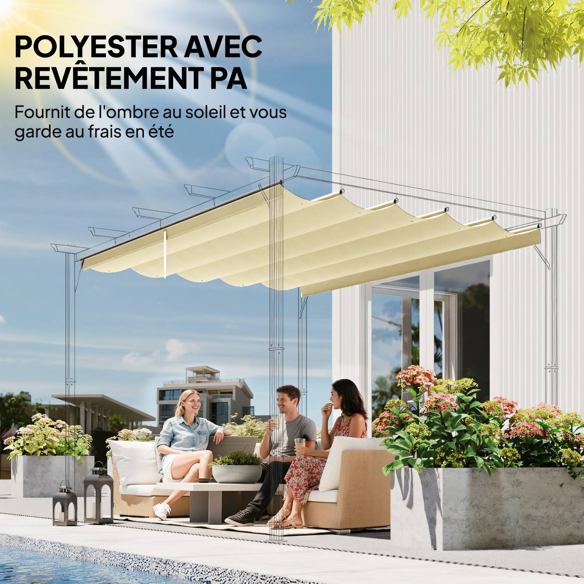 Toile de toit pour pergola tonnelle rétractable de 3 x 3 m - toile uniquement 250 x 255 cm crème - Image 7