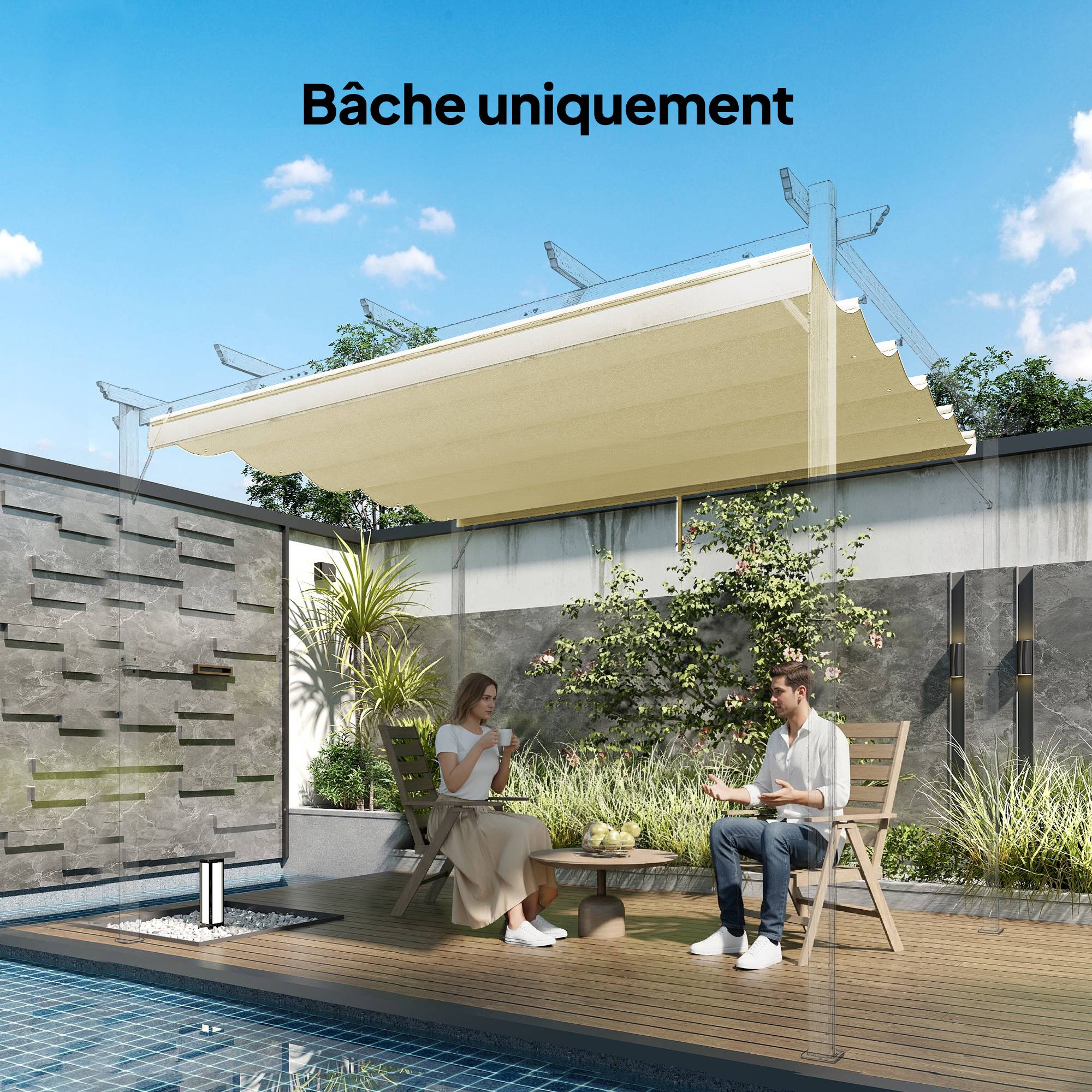 Toile de toit pour pergola tonnelle rétractable de 3 x 3 m - toile uniquement 250 x 255 cm crème - Image 4