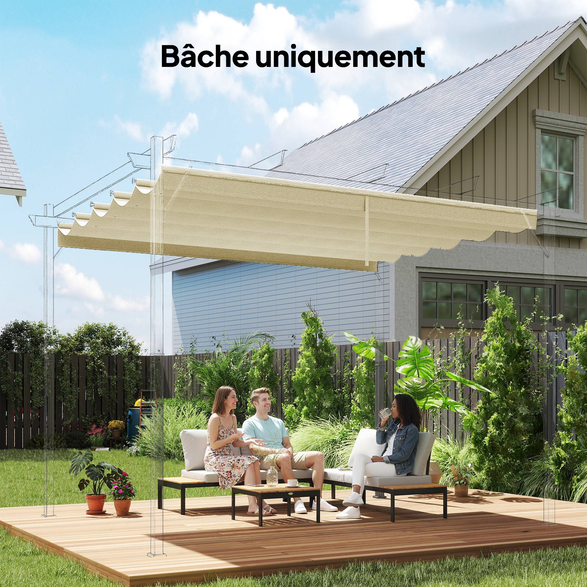 Toile de toit pour pergola tonnelle rétractable de 3 x 3 m - toile uniquement 250 x 255 cm crème - Image 3