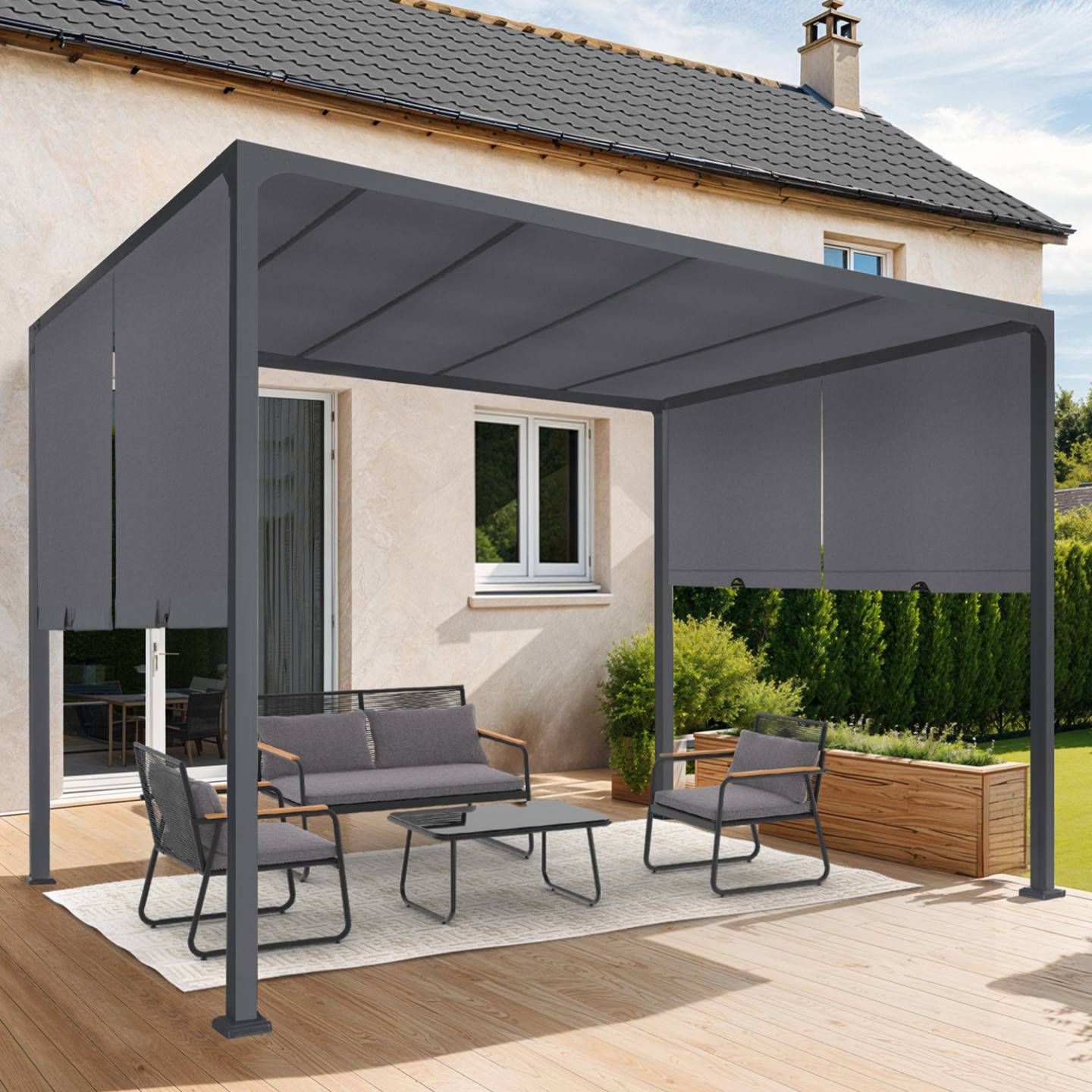 Pergola coulissante 2 pans 3x3 M belvédère de jardin toile gris anthracite - Image 1