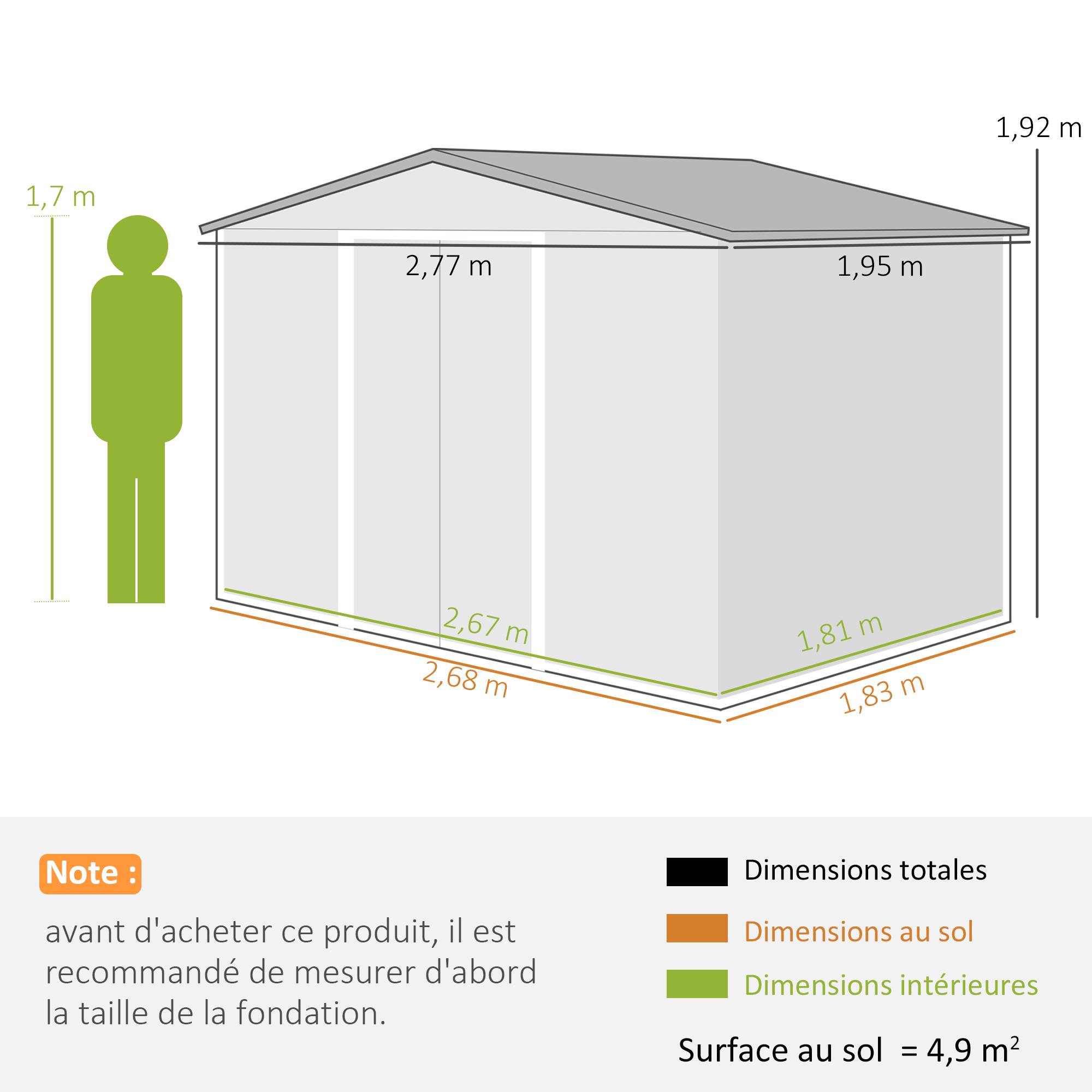 Abri de jardin 5,4 m² 2,77 x 1,95 x 1,92 m kit de fondation porte coulissante ventilations acier galvanisé - Image 5