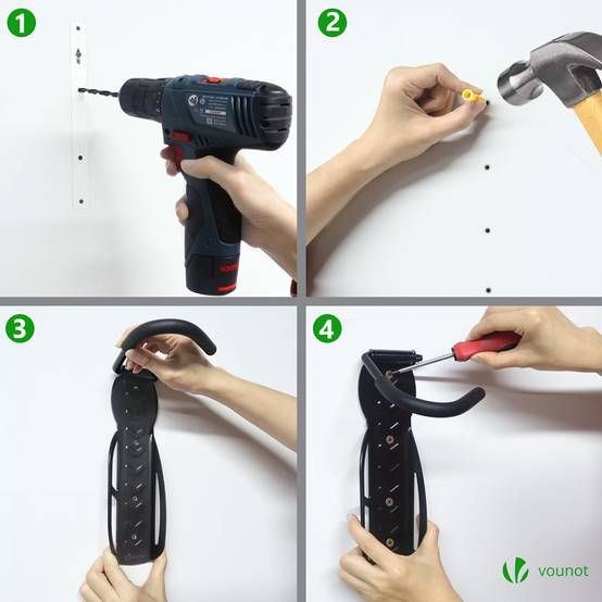 Lot de 4 supports de vélo mural - Crochet de mur - Rangement suspendu en acier pour garage maison - Noir - VOUNOT® - Image 7