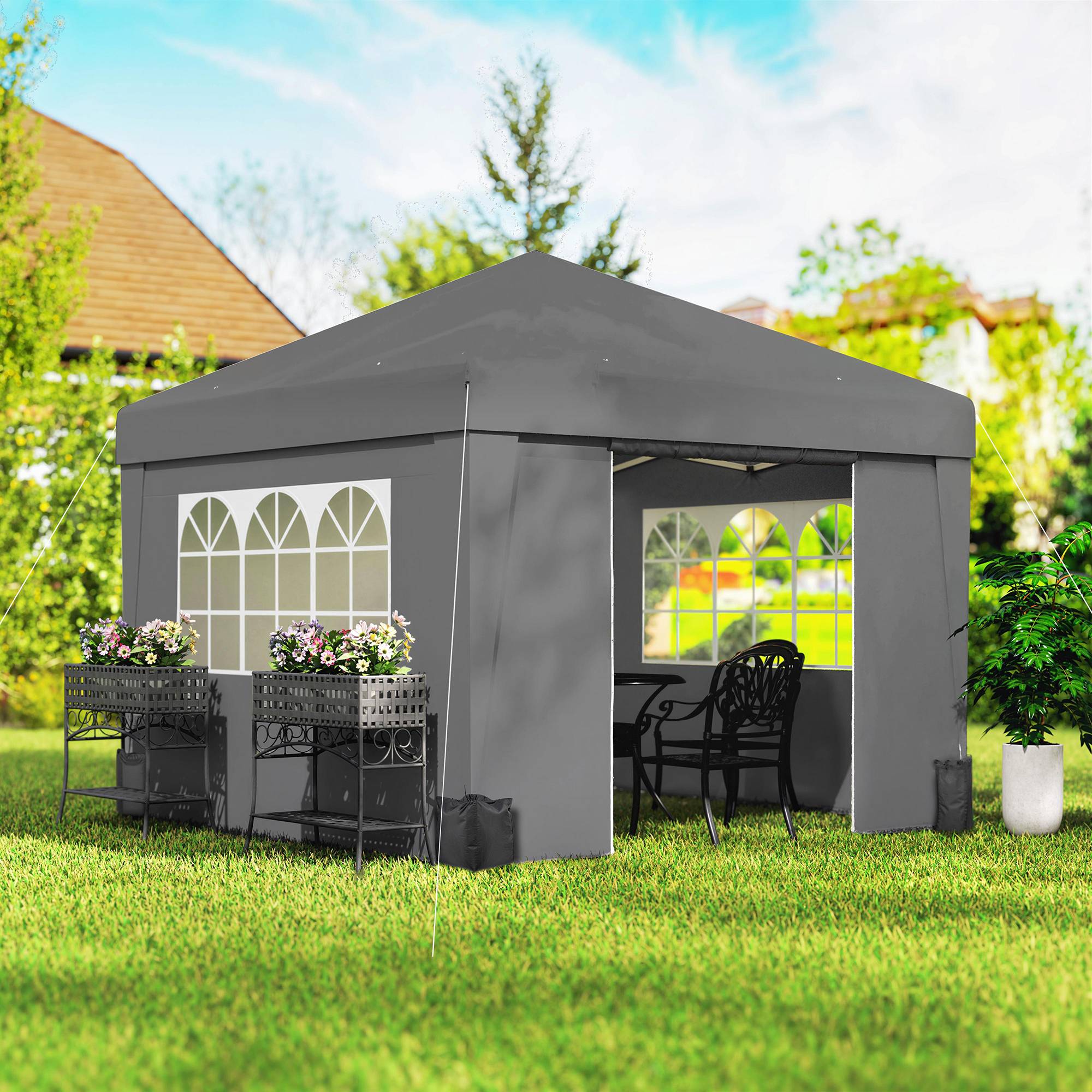 Tonnelle de jardin pliante Oxford pour camping fenêtres lumineuses 3x3m gris foncé - ComfortXL Outdoor Living - Image 4