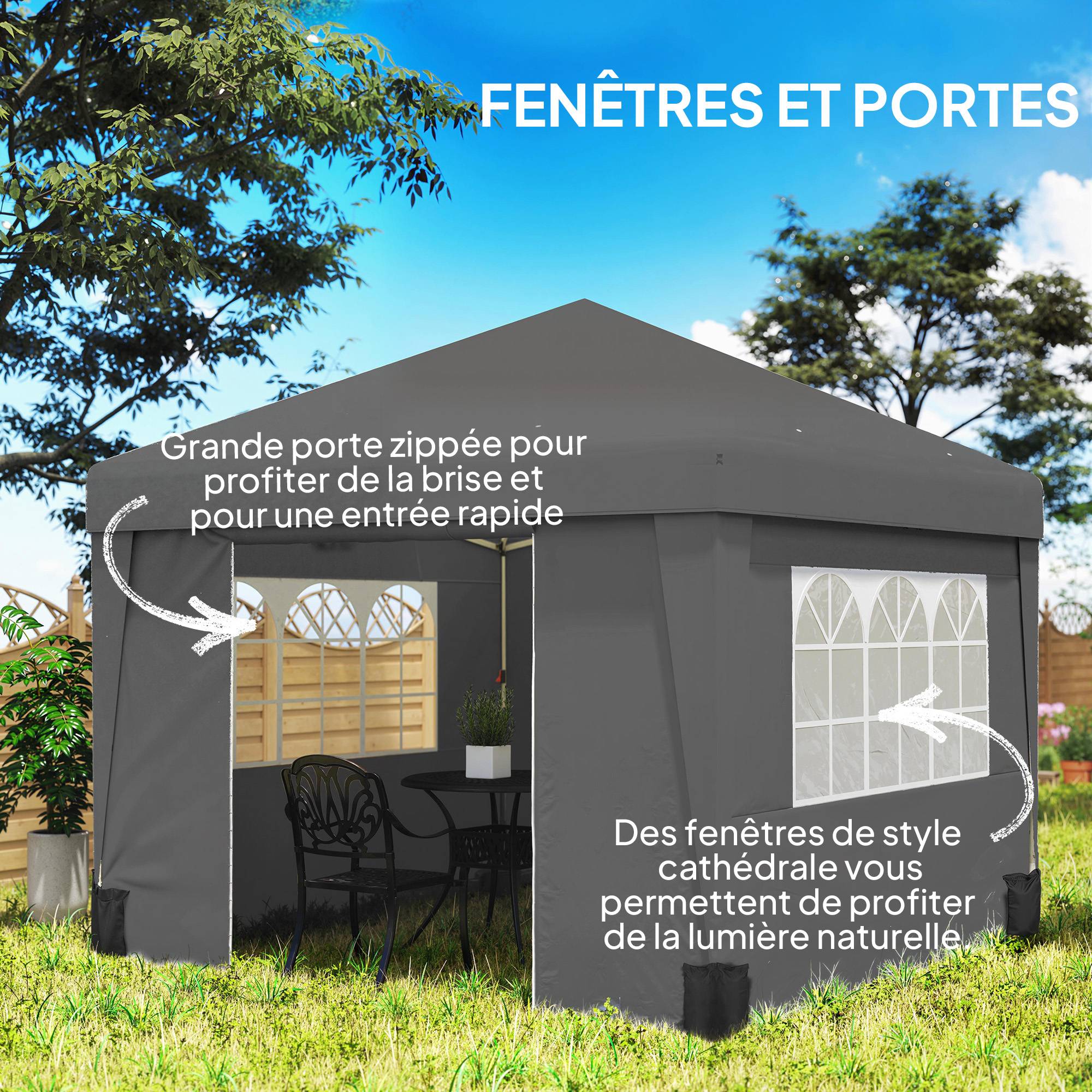 Tonnelle de jardin pliante Oxford pour camping fenêtres lumineuses 3x3m gris foncé - ComfortXL Outdoor Living - Image 8