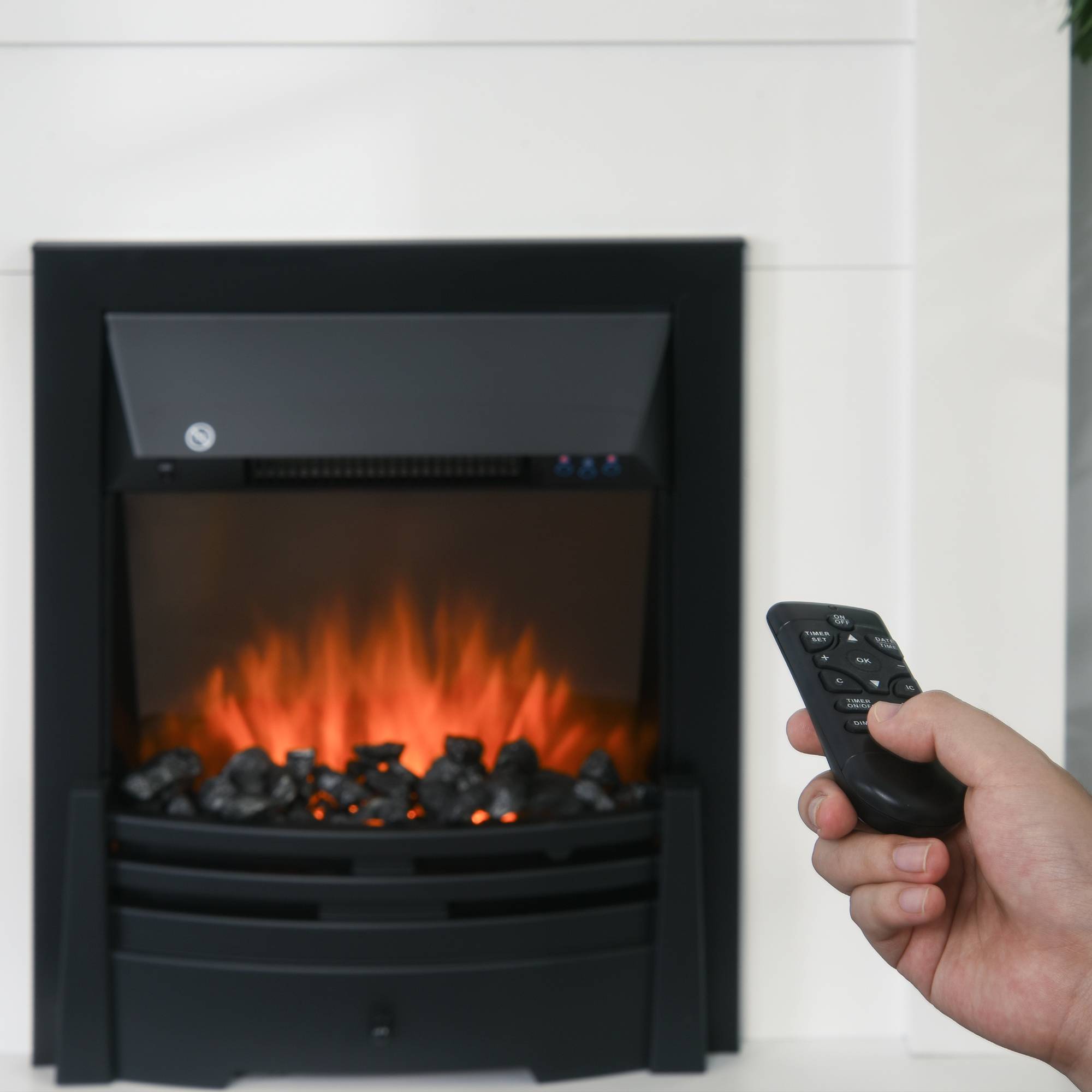 Cheminée électrique, 2 niveaux de puissance, télécommande, minuterie, effet de flamme réaliste, noir et blanc - Image 9