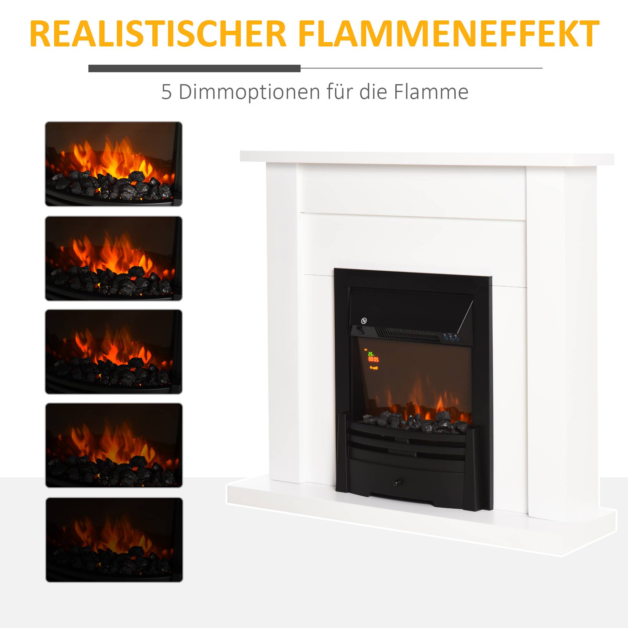 Cheminée électrique, 2 niveaux de puissance, télécommande, minuterie, effet de flamme réaliste, noir et blanc - Image 6