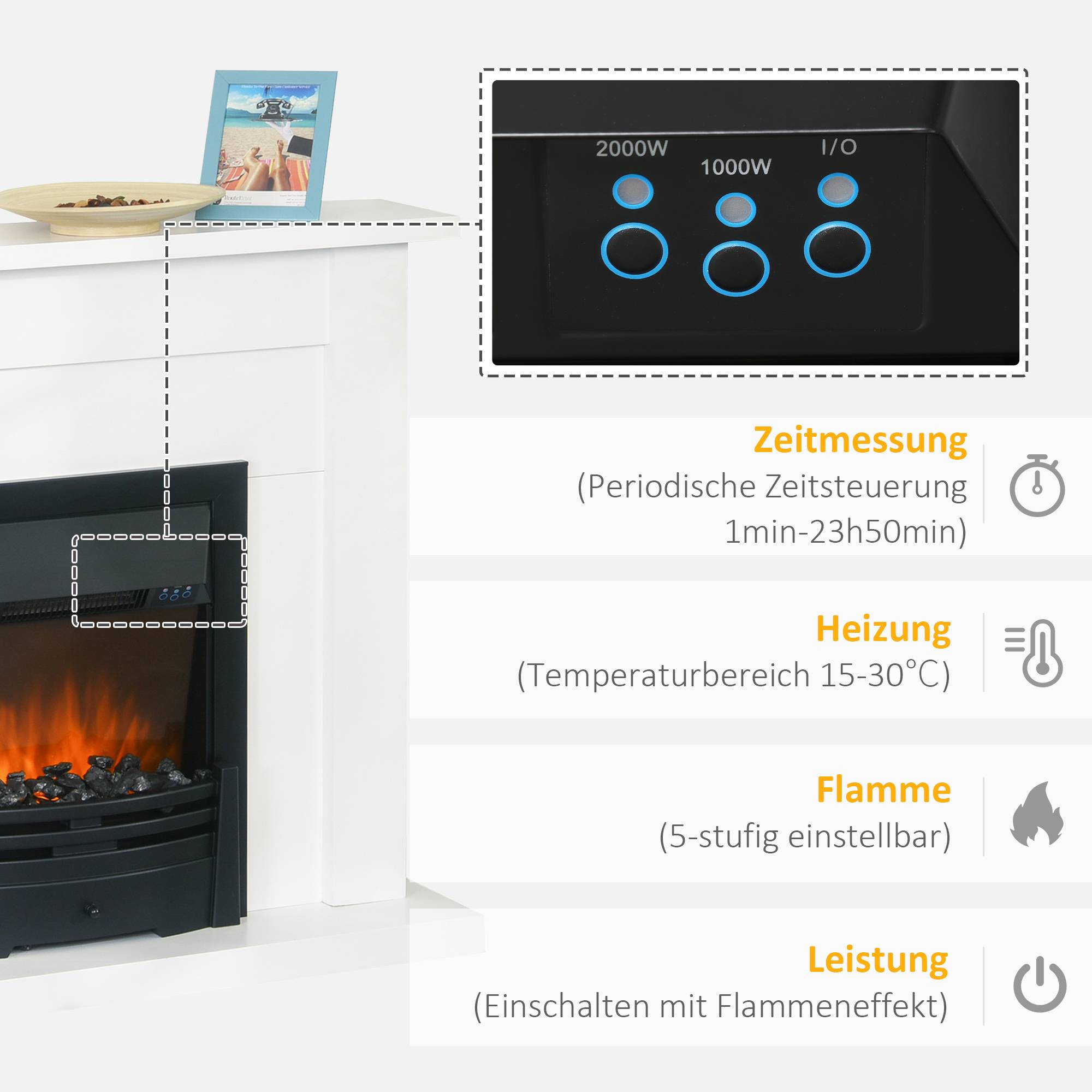 Cheminée électrique, 2 niveaux de puissance, télécommande, minuterie, effet de flamme réaliste, noir et blanc - Image 7