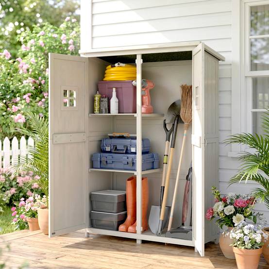 Armoire bois extérieure outils jardinage, double porte étagères 127,5x50x164cm gris - Image 10
