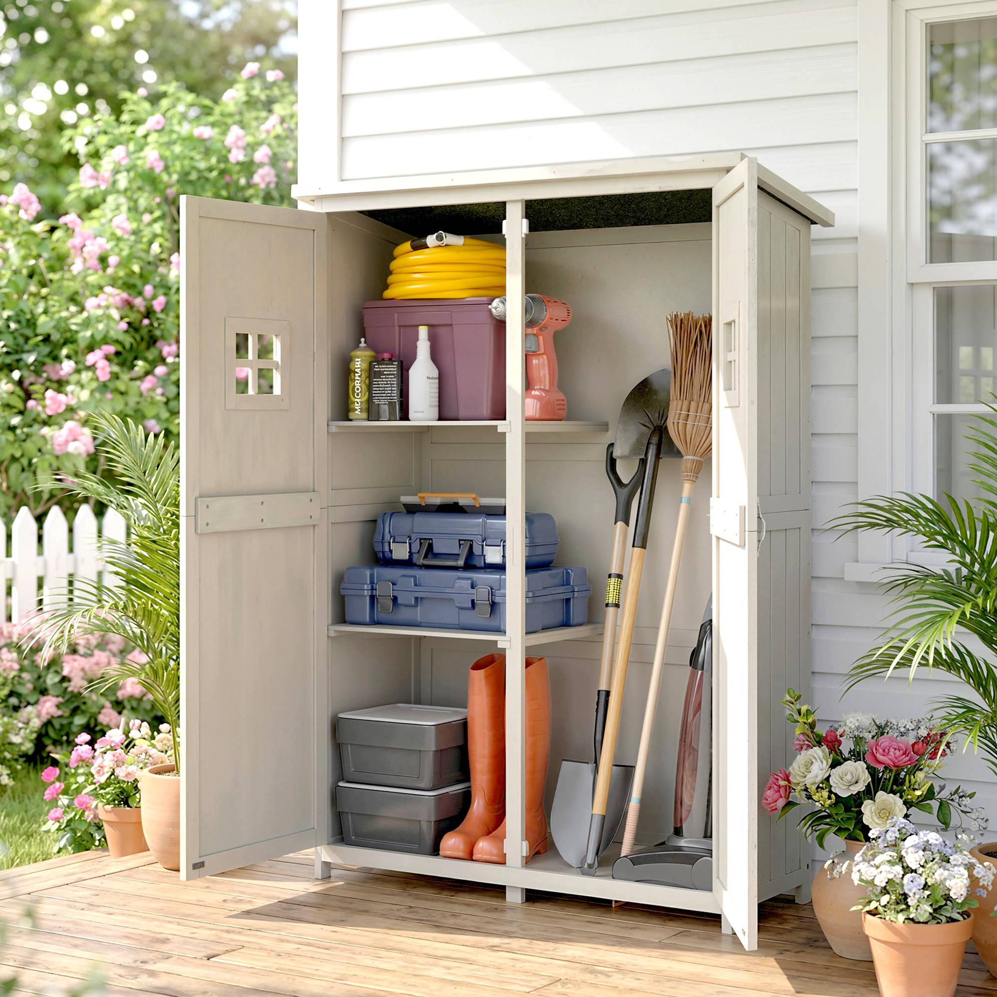 Armoire bois extérieure outils jardinage, double porte étagères 127,5x50x164cm gris - Image 10