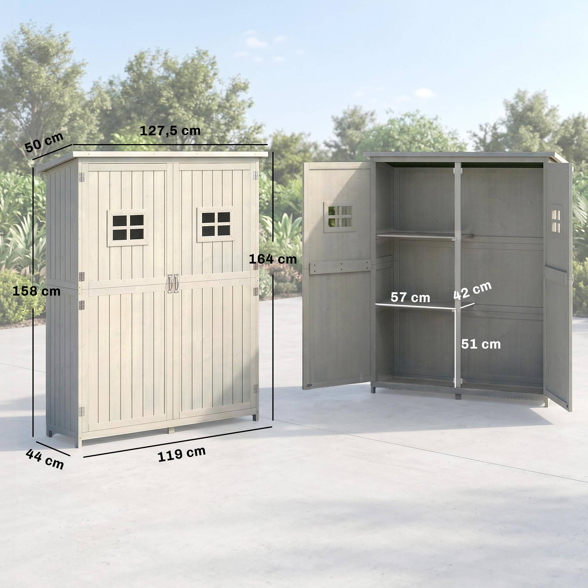 Armoire bois extérieure outils jardinage, double porte étagères 127,5x50x164cm gris - Image 5