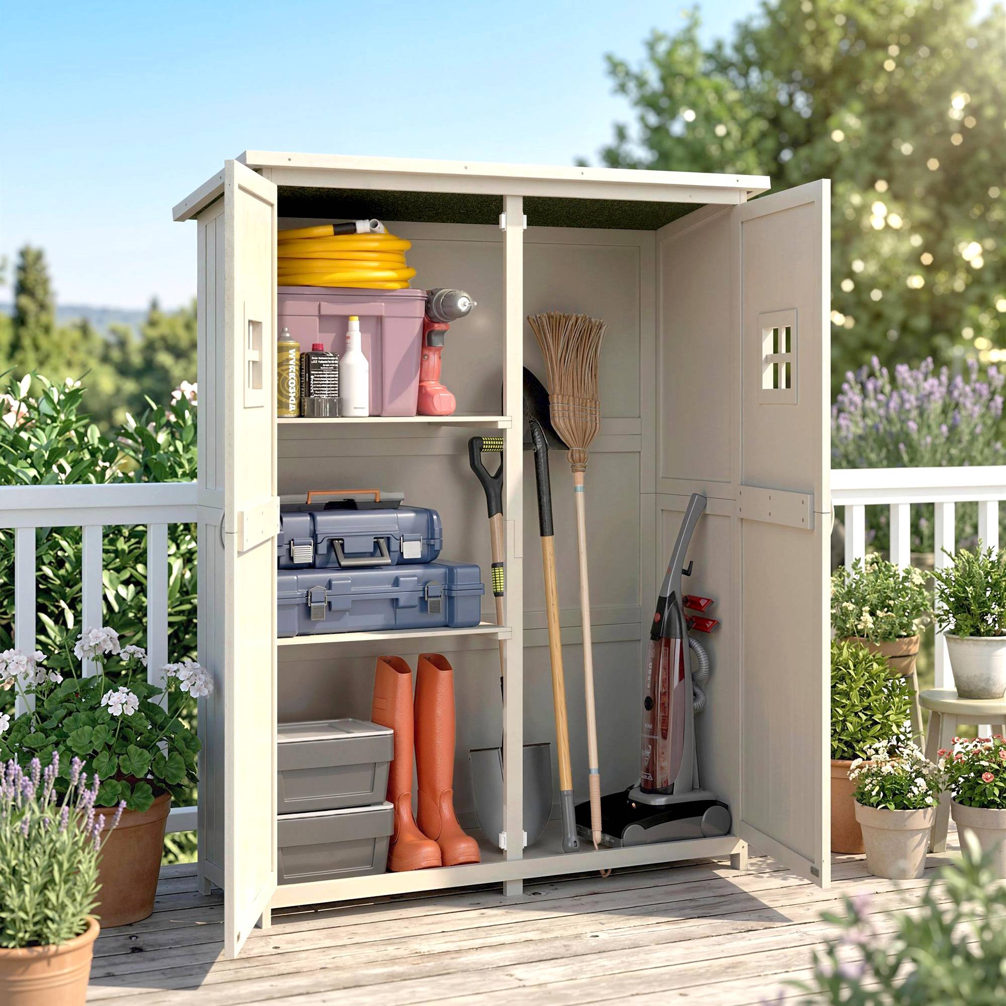 Armoire bois extérieure outils jardinage, double porte étagères 127,5x50x164cm gris - Image 9