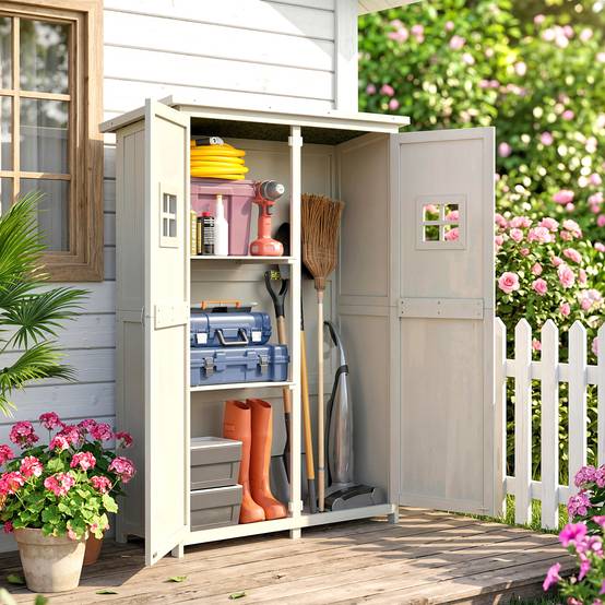 Armoire bois extérieure outils jardinage, double porte étagères 127,5x50x164cm gris - Image 4