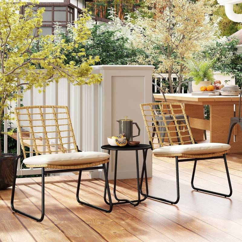 Salon Jardin Balcon Résine Tressée 2 Places Chaises Empilables Table Acier Beige - ComfortXL Outdoor Living