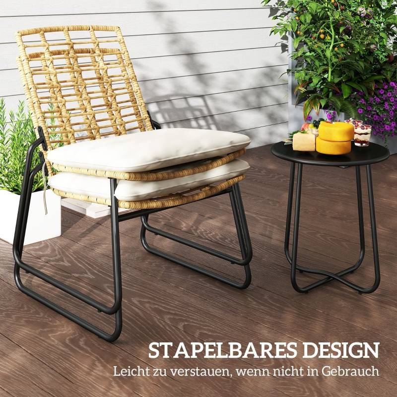 Salon Jardin Balcon Résine Tressée 2 Places Chaises Empilables Table Acier Beige - ComfortXL Outdoor Living - Image 6