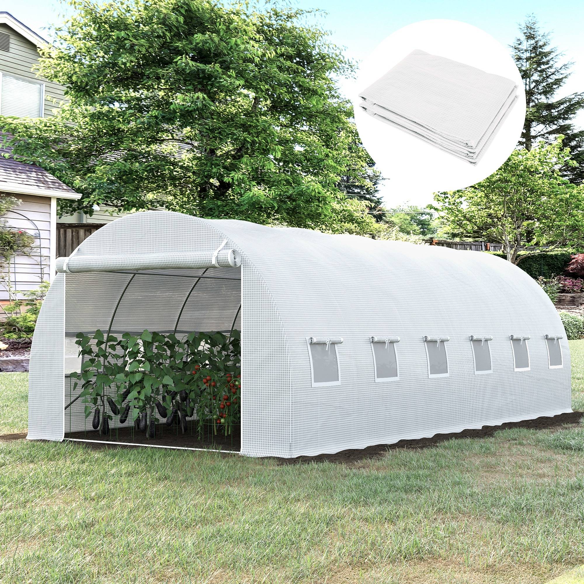 Outsunny - Bâche de rechange serre tunnel 18 m², bâche dim. 6L x 3l x 2H m PE anti-UV imperméable 12 fenêtres + porte enroulable zippée blanc - Outsunny - Image 2