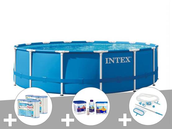 Kit piscine tubulaire Intex Metal Frame ronde 4,57 x 1,22 m + 6 cartouches de filtration + Kit de traitement au chlore + Kit d'entretien - Image 1