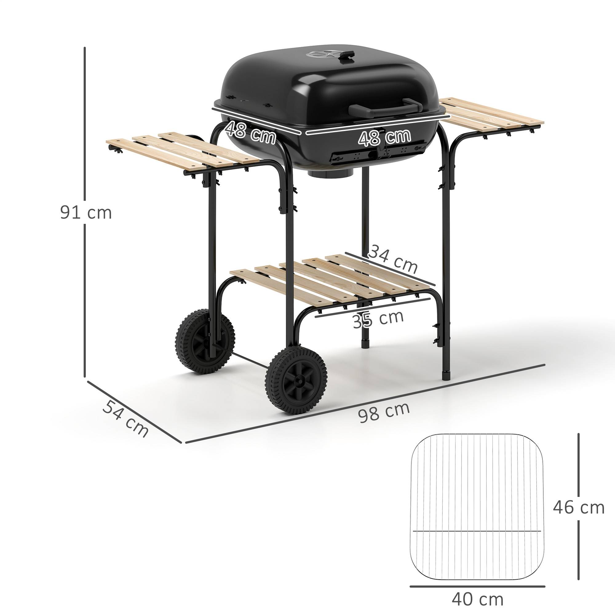 Sans Marque - Holzkohlegrill aus Stahl Grillwagen mit abschließbarem Deck Grillrost Räder Griff Holzablage 98 x 54 x 91 cm Noir - Image 5