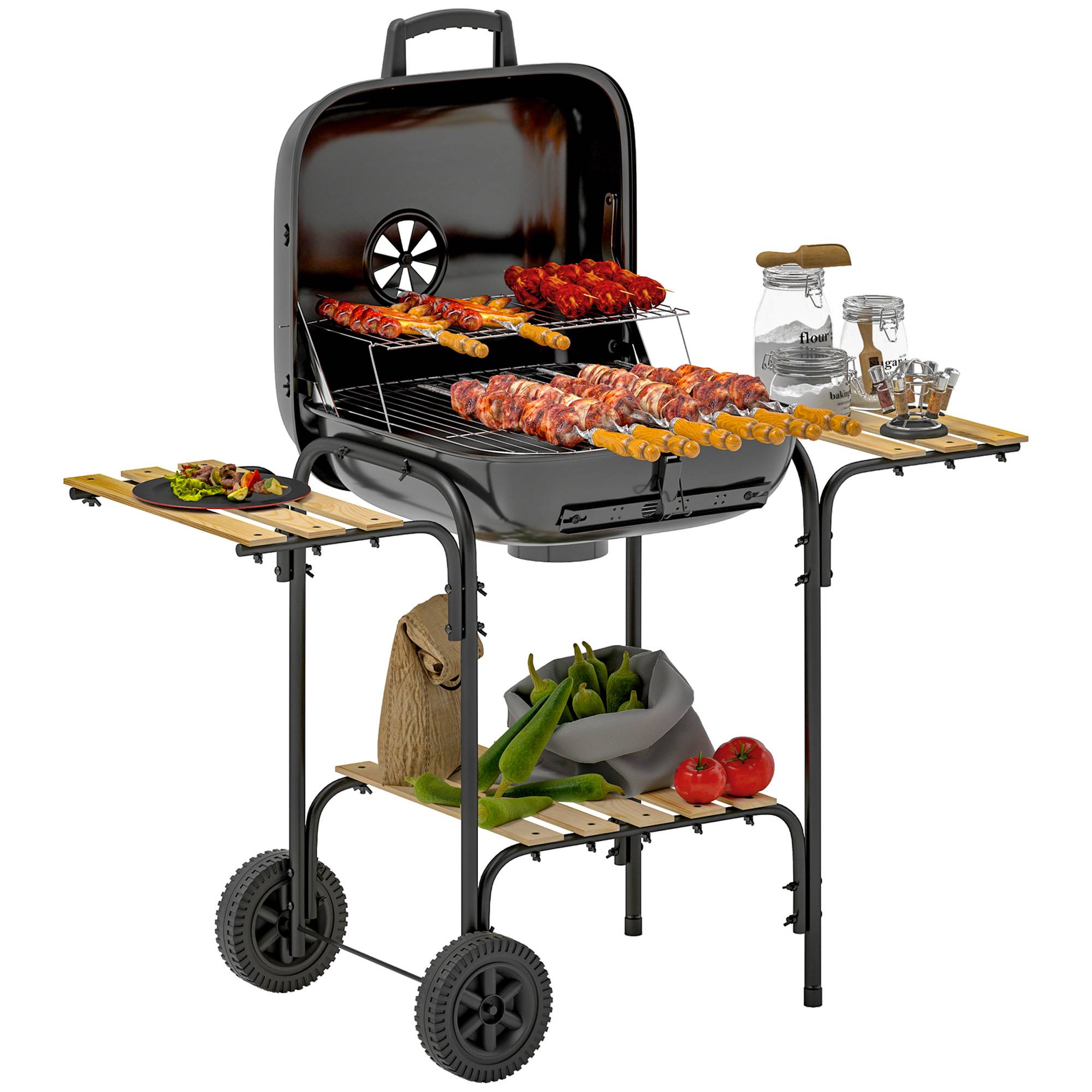 Sans Marque - Holzkohlegrill aus Stahl Grillwagen mit abschließbarem Deck Grillrost Räder Griff Holzablage 98 x 54 x 91 cm Noir - Image 1