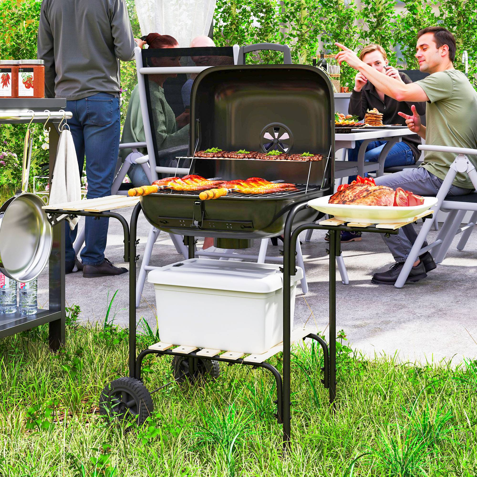 Sans Marque - Holzkohlegrill aus Stahl Grillwagen mit abschließbarem Deck Grillrost Räder Griff Holzablage 98 x 54 x 91 cm Noir - Image 3
