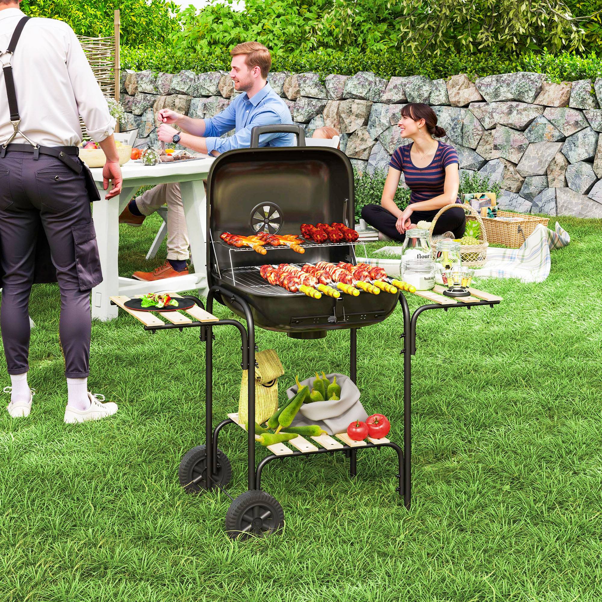 Sans Marque - Holzkohlegrill aus Stahl Grillwagen mit abschließbarem Deck Grillrost Räder Griff Holzablage 98 x 54 x 91 cm Noir - Image 4