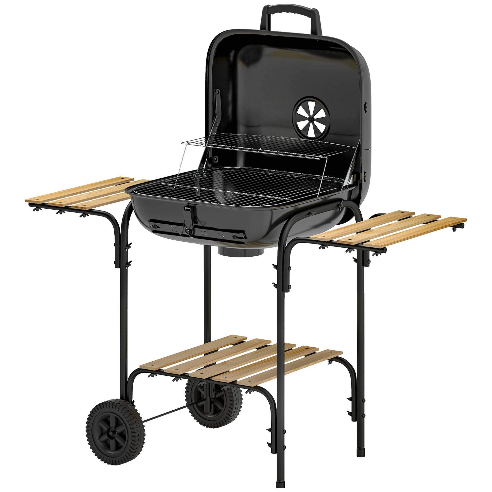 Sans Marque - Holzkohlegrill aus Stahl Grillwagen mit abschließbarem Deck Grillrost Räder Griff Holzablage 98 x 54 x 91 cm Noir - Image 2