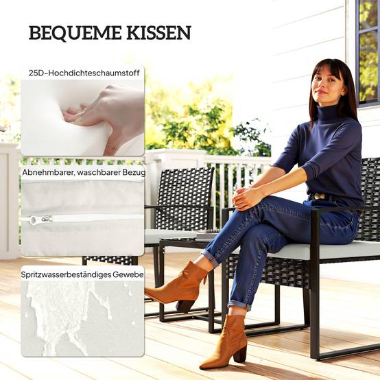 Ensemble bistro rotin 3 pièces : 2 fauteuils de jardin + table basse, coussins amovibles, crème blanc - Image 6