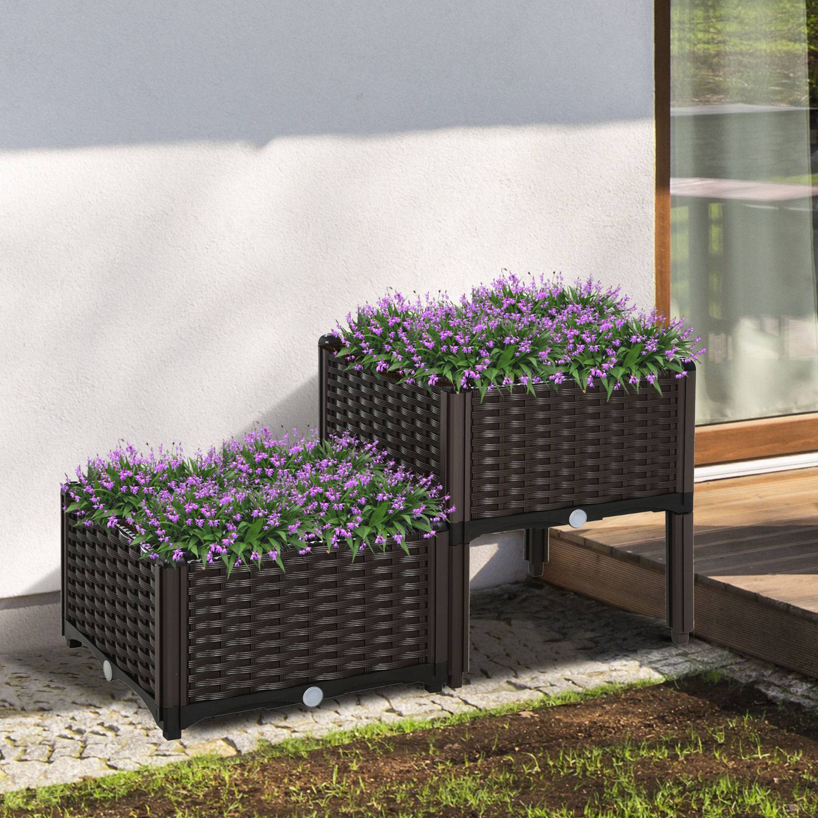 Lot de 2 pots marron 40x40x26/44 cm carrés avec pieds et drainages, accessoire design sobre pour plantes pratique et modulable - Image 3
