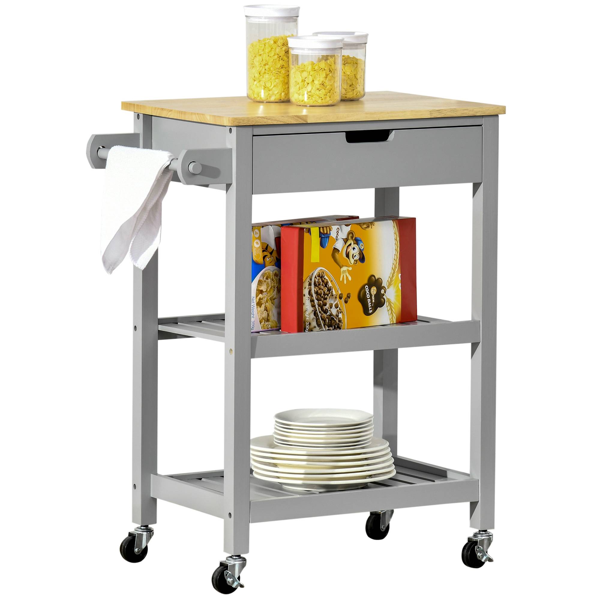 Desserte de service chariot de cuisine à roulettes avec plan de travail en bois hévéa - 2 étagères, 1 tiroir et 1 porte-torchon - Image 2