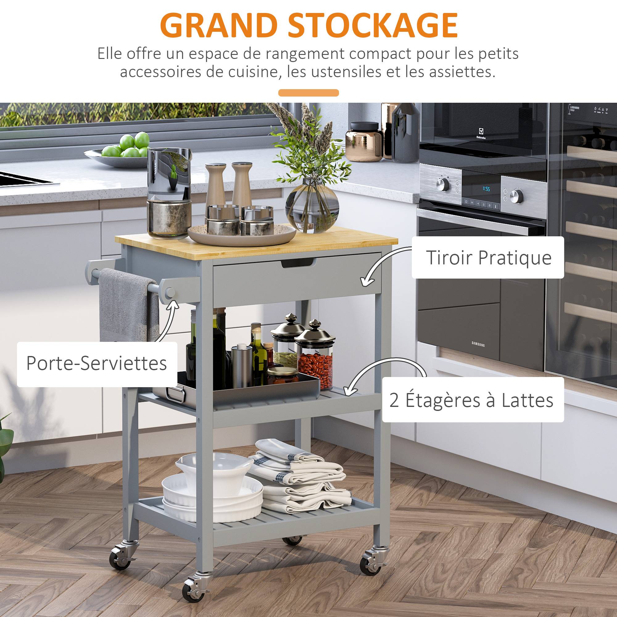 Desserte de service chariot de cuisine à roulettes avec plan de travail en bois hévéa - 2 étagères, 1 tiroir et 1 porte-torchon - Image 6