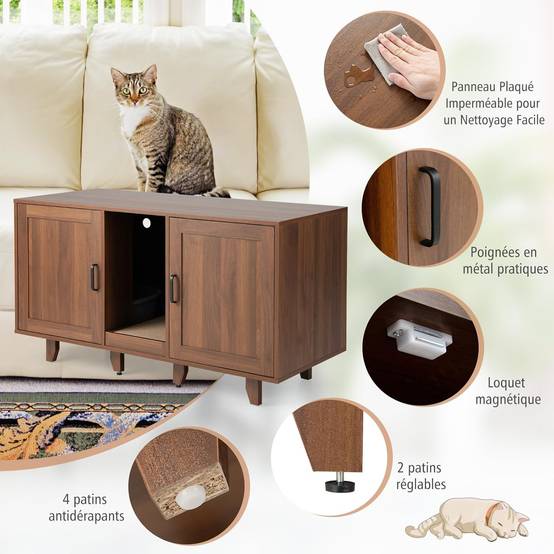 Maison de Toilettes pour Chat à Double Portes, Meuble à Litière en Bois (Café) - Image 4
