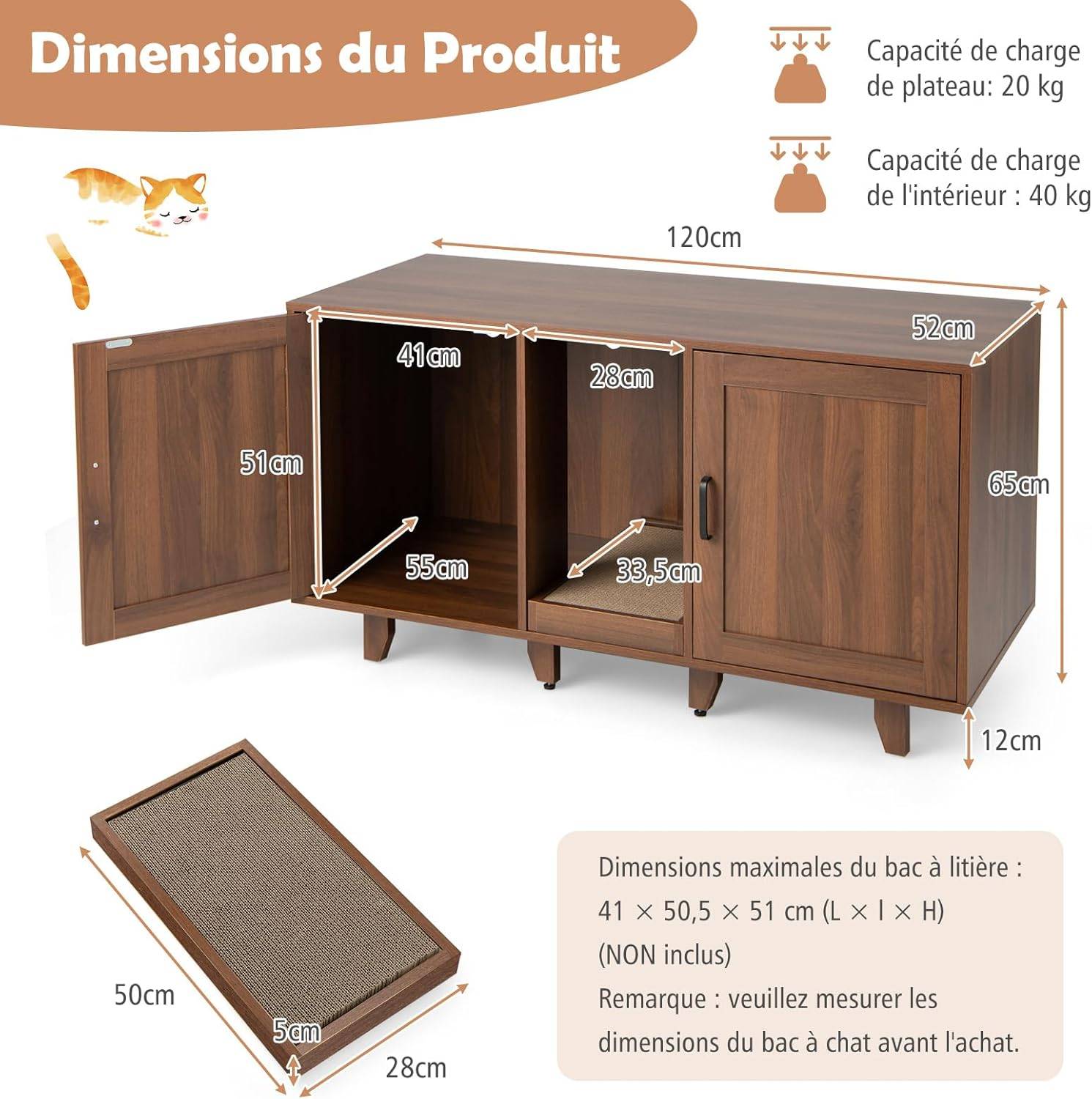 Maison de Toilettes pour Chat à Double Portes, Meuble à Litière en Bois (Café) - Image 3