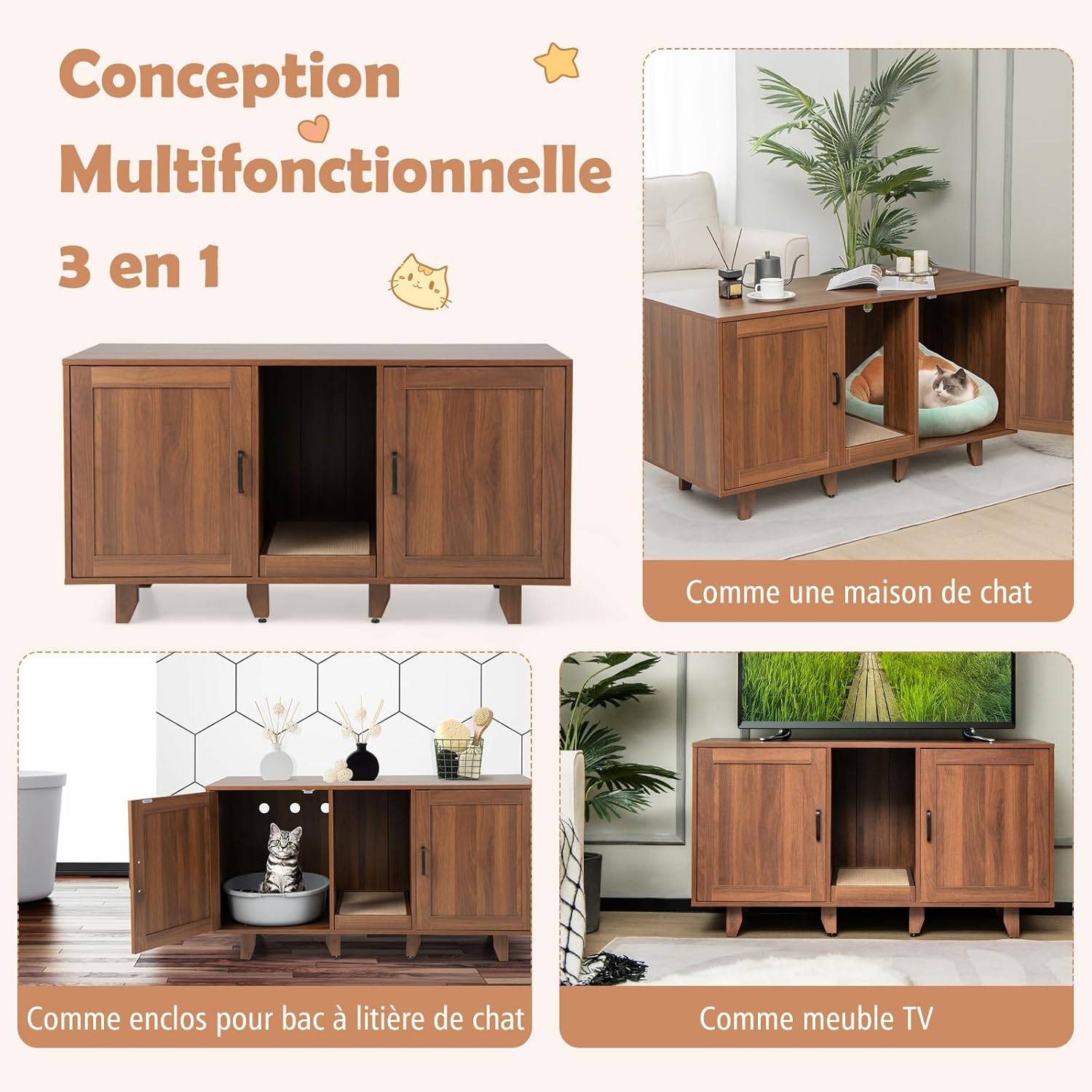 Maison de Toilettes pour Chat à Double Portes, Meuble à Litière en Bois (Café) - Image 5