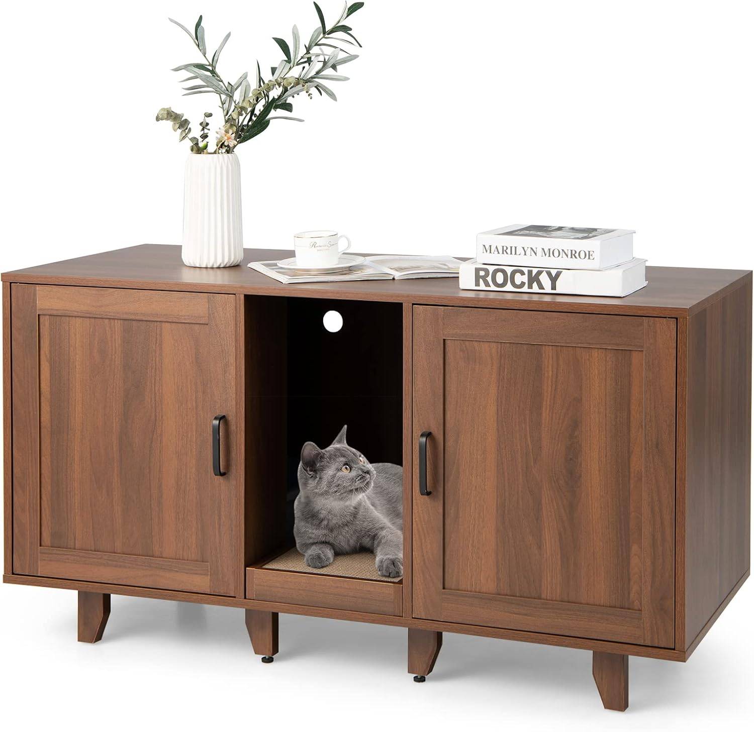 Maison de Toilettes pour Chat à Double Portes, Meuble à Litière en Bois (Café)
