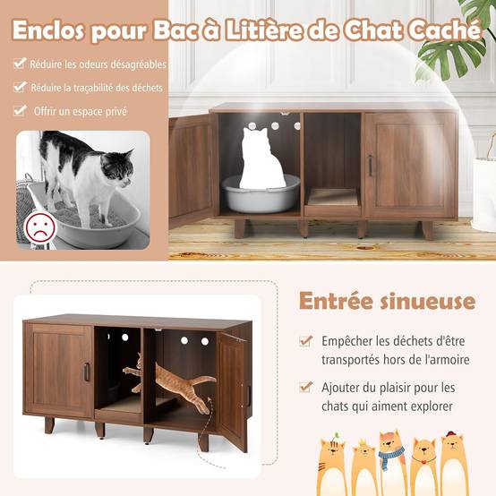Maison de Toilettes pour Chat à Double Portes, Meuble à Litière en Bois (Café) - Image 7