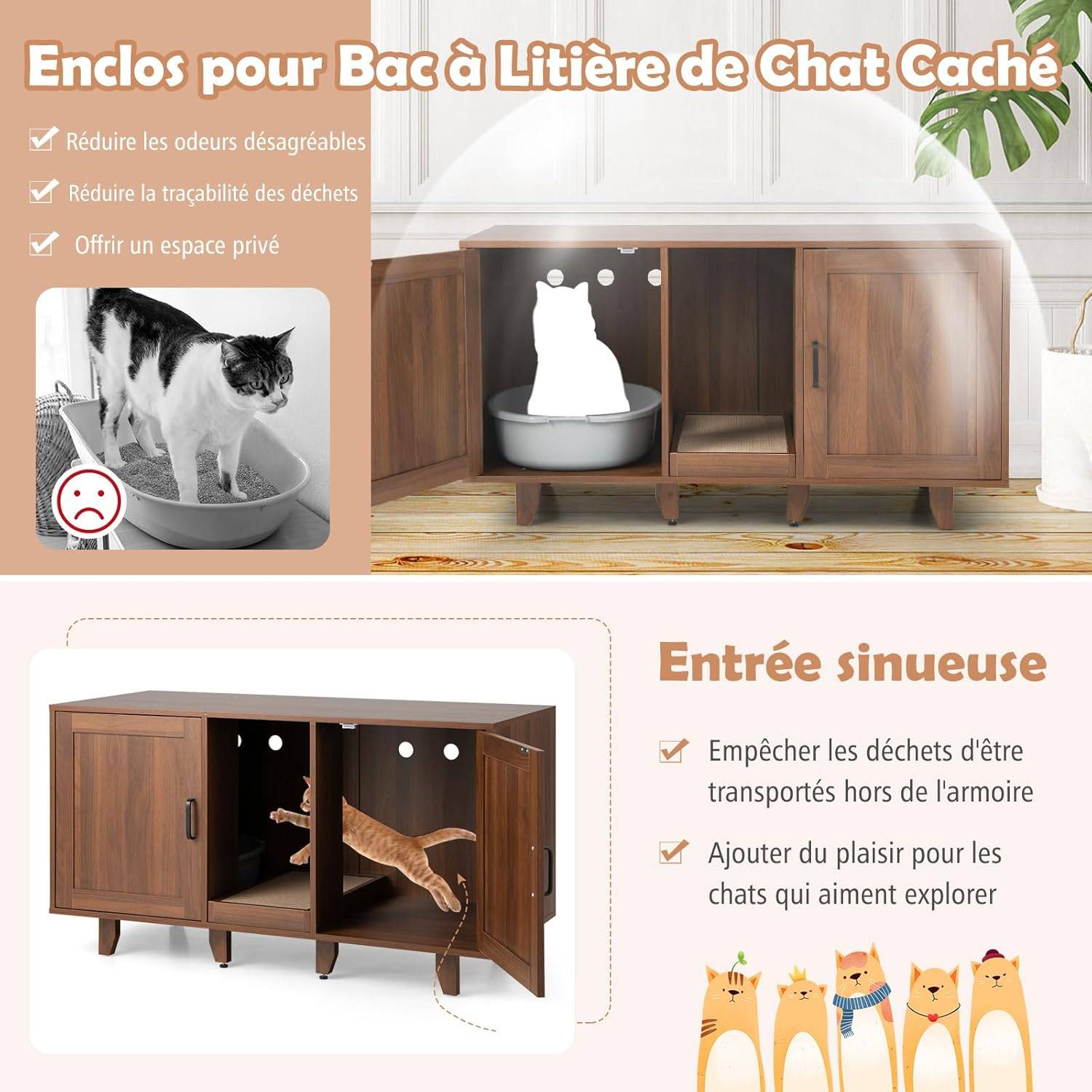 Maison de Toilettes pour Chat à Double Portes, Meuble à Litière en Bois (Café) - Image 7