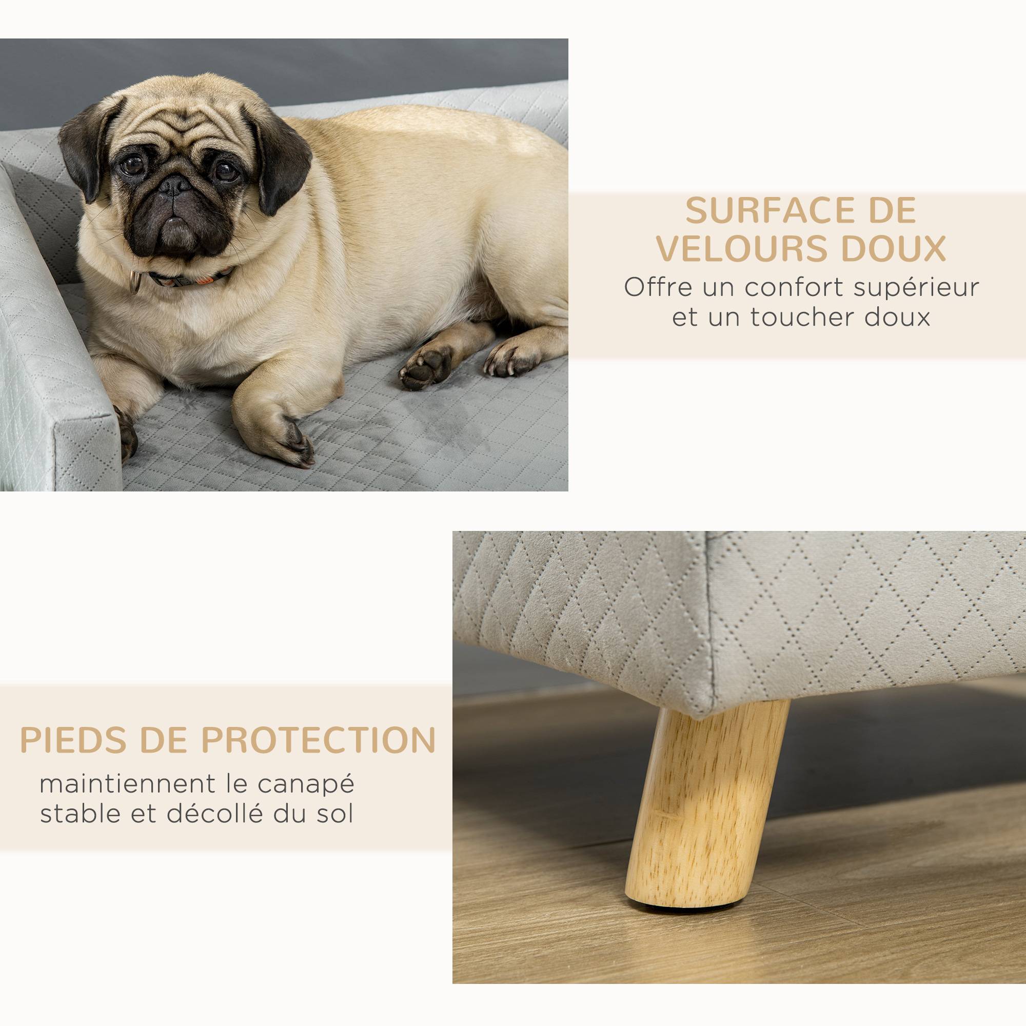 Sans Marque - Canapé chien lit pour chien design scandinave coussin moelleux pieds bois massif dim. 64 x 45 x 36 cm velours gris - Image 7