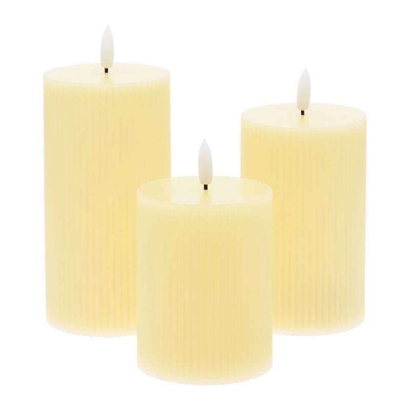 Lot de 3 Bougies à LED Cylindriques striées Ivoire flamme 3D avec Télécommande pas cher Lotti - Image 1