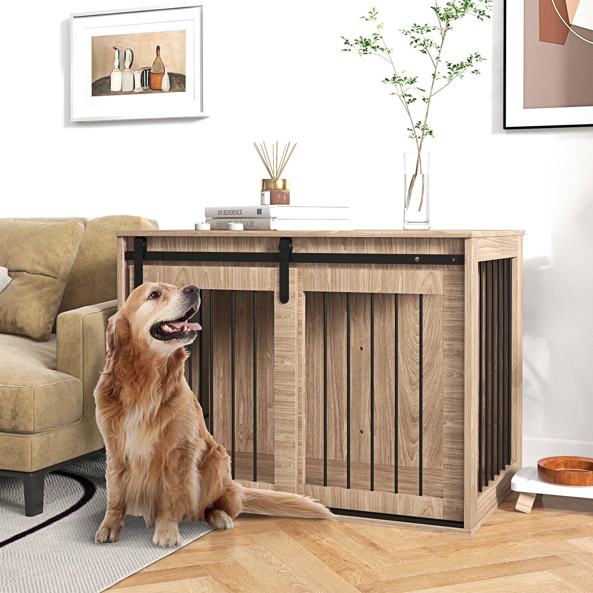 Cage pour chien verrouillable,finition bois,style rustique,98x58x61cm noyer et noir - Image 3