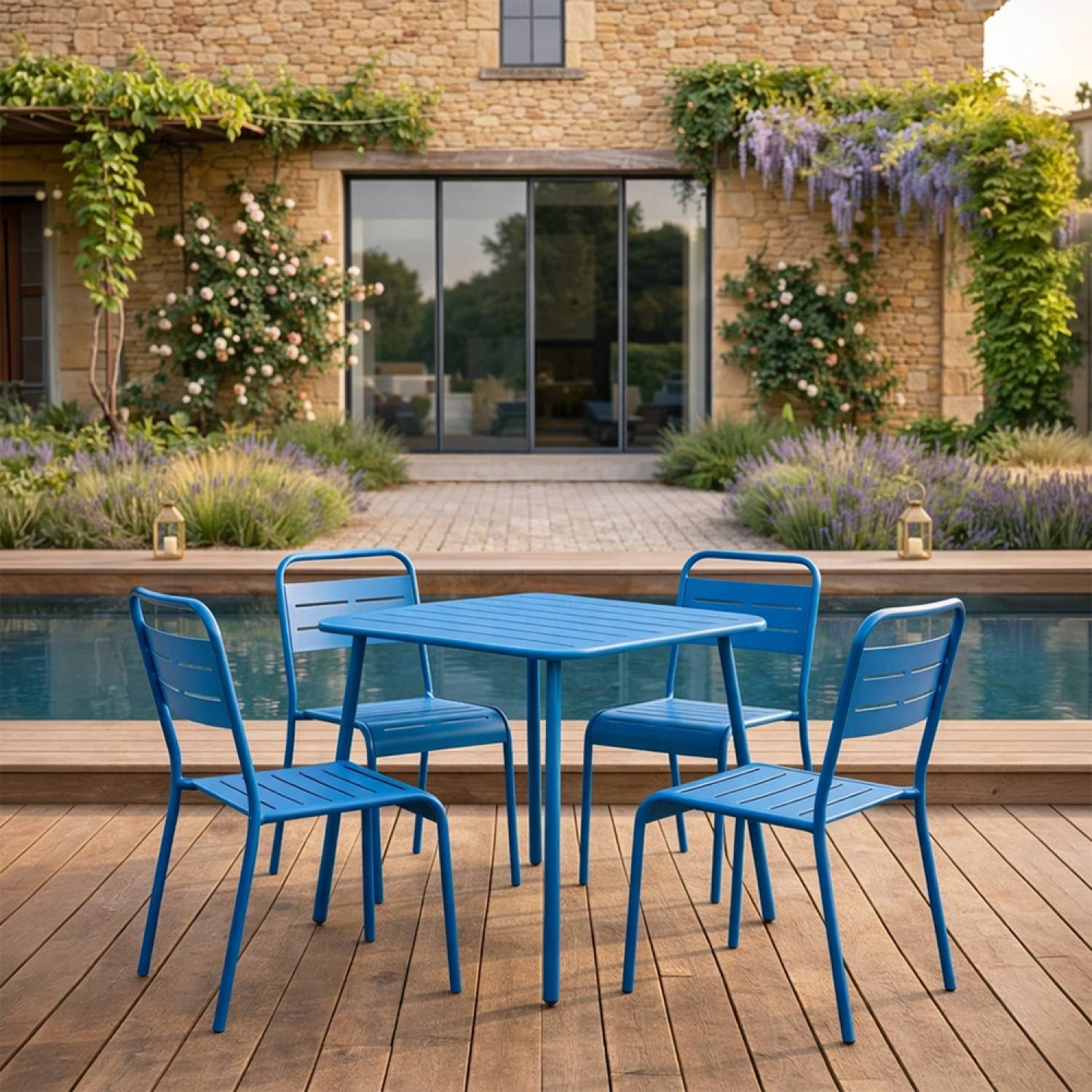 Ensemble table de jardin carrée et 4 chaises bleu BERGAME - Image 5