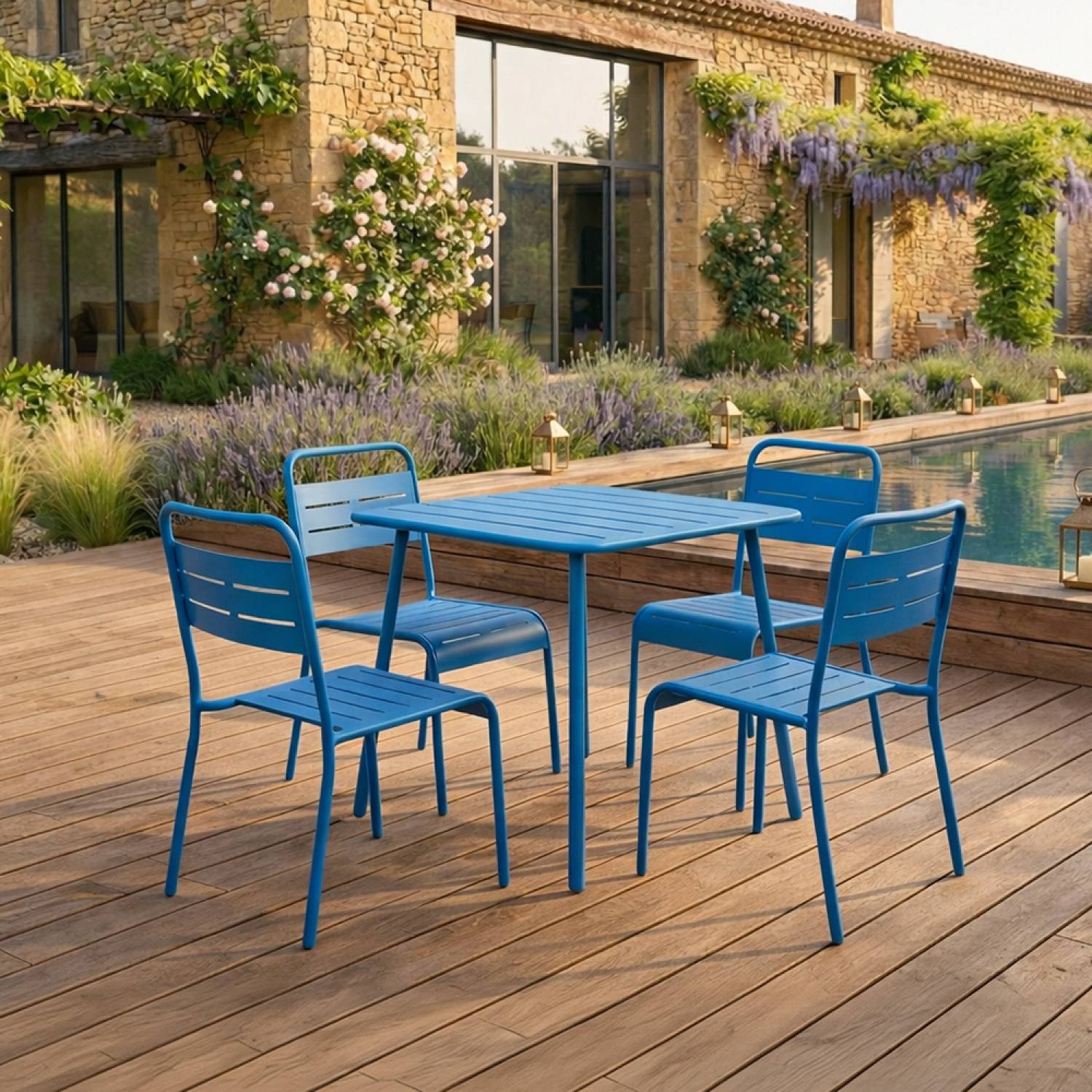Ensemble table de jardin carrée et 4 chaises bleu BERGAME - Image 2