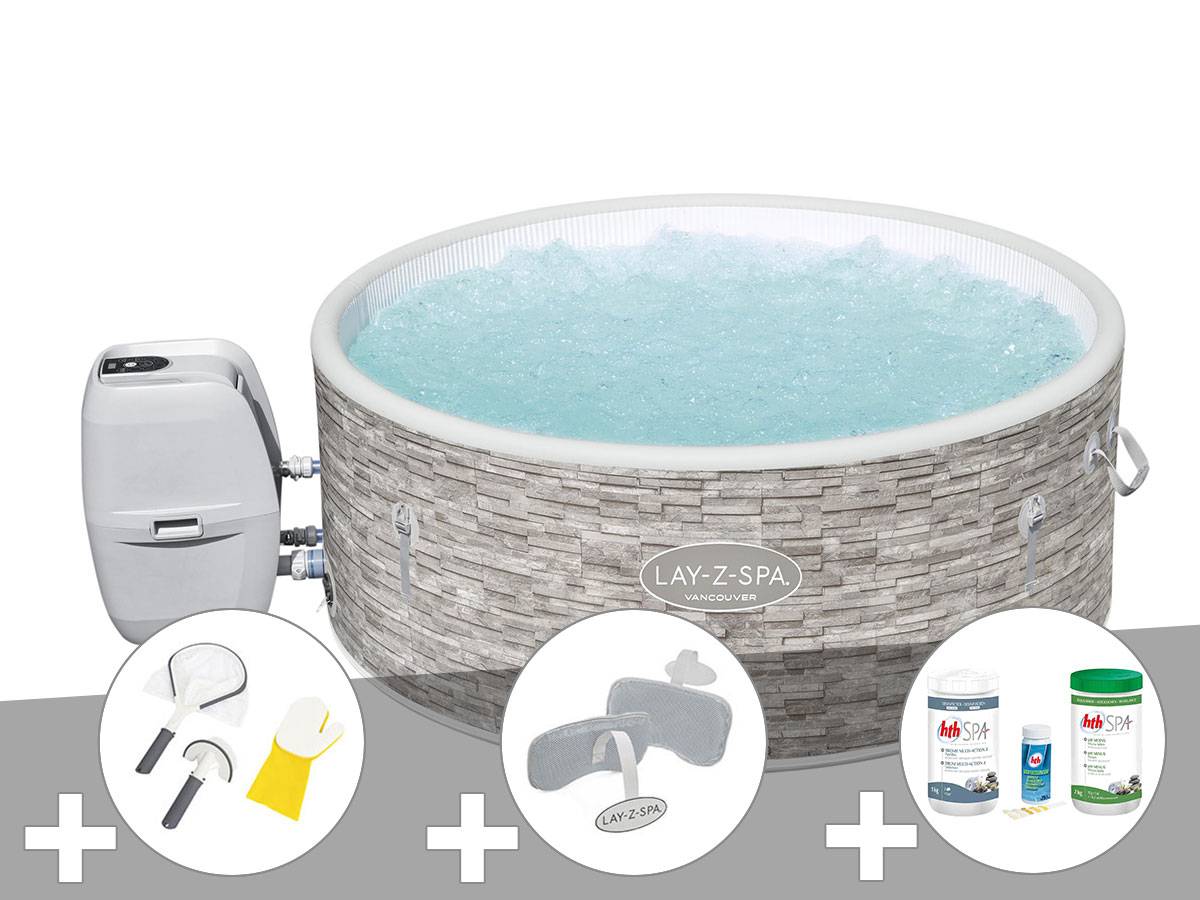 Bestway - Kit spa gonflable Bestway Lay-Z-Spa Vancouver rond Airjet Plus 3/5 places + Kit traitement brome + 2 appuie-têtes + Kit de nettoyage