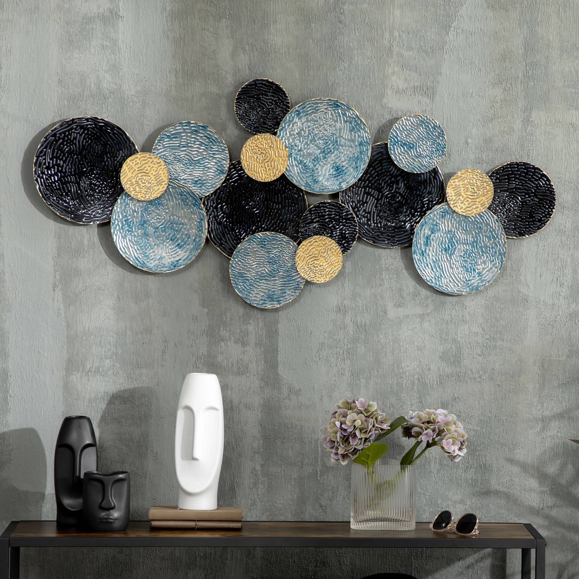 ComfortXL - Sculpture murale 3D en métal pour salon design moderne 121x53cm noir bleu or - ComfortXL Outdoor Living - Image 1