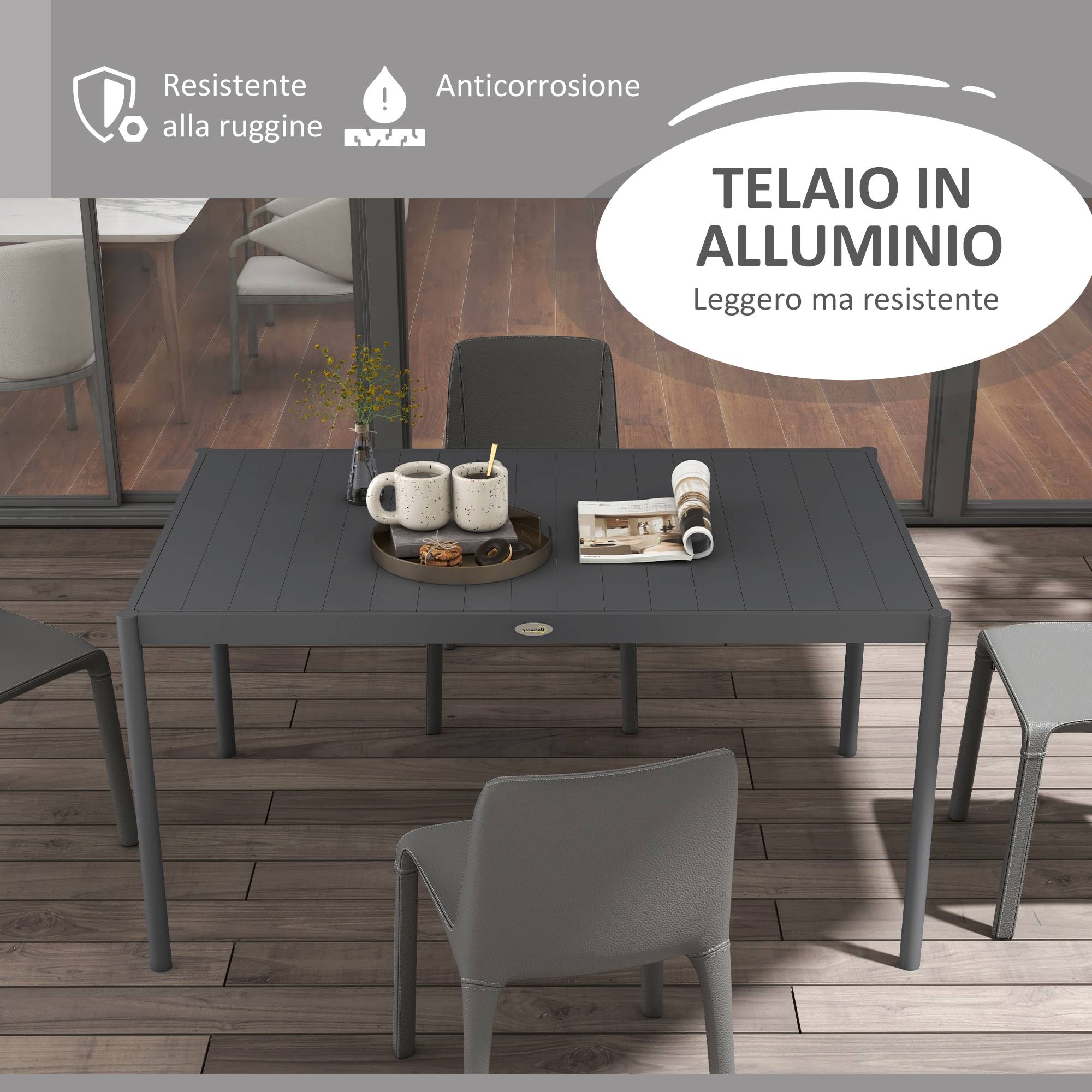 Table jardin lattes 6 personnes acier et aluminium, 145x90x74 cm, gris foncé - Image 6