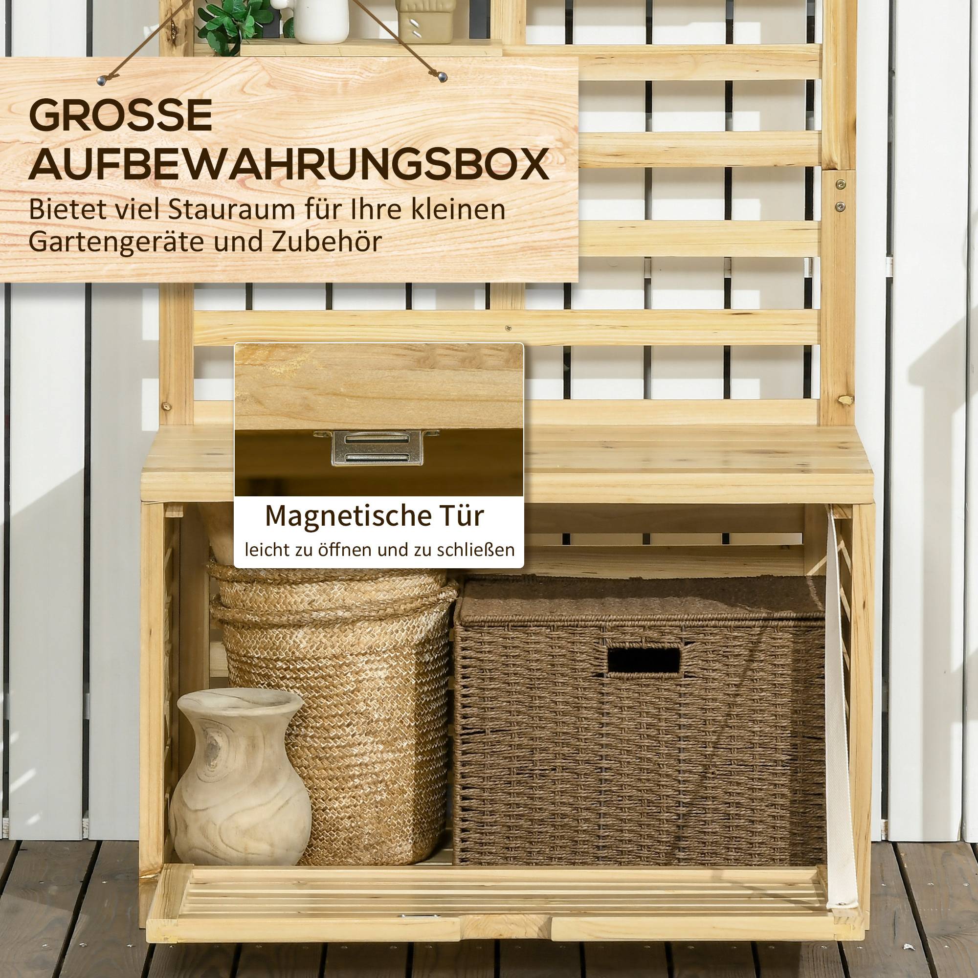ComfortXL - Coffre de rangement jardin en bois de sapin naturel 80 x 45 x 160 cm avec treillis 4 étagères et assise - Image 4