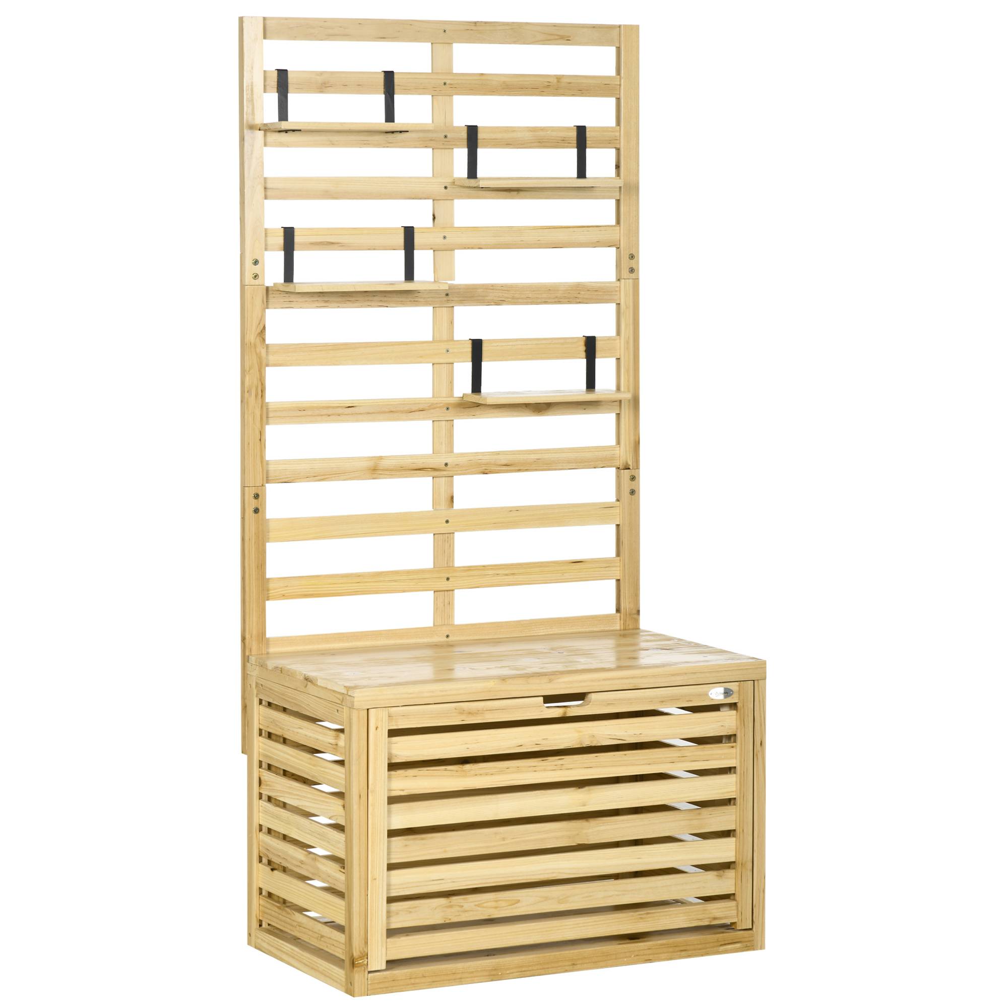 ComfortXL - Coffre de rangement jardin en bois de sapin naturel 80 x 45 x 160 cm avec treillis 4 étagères et assise - Image 10