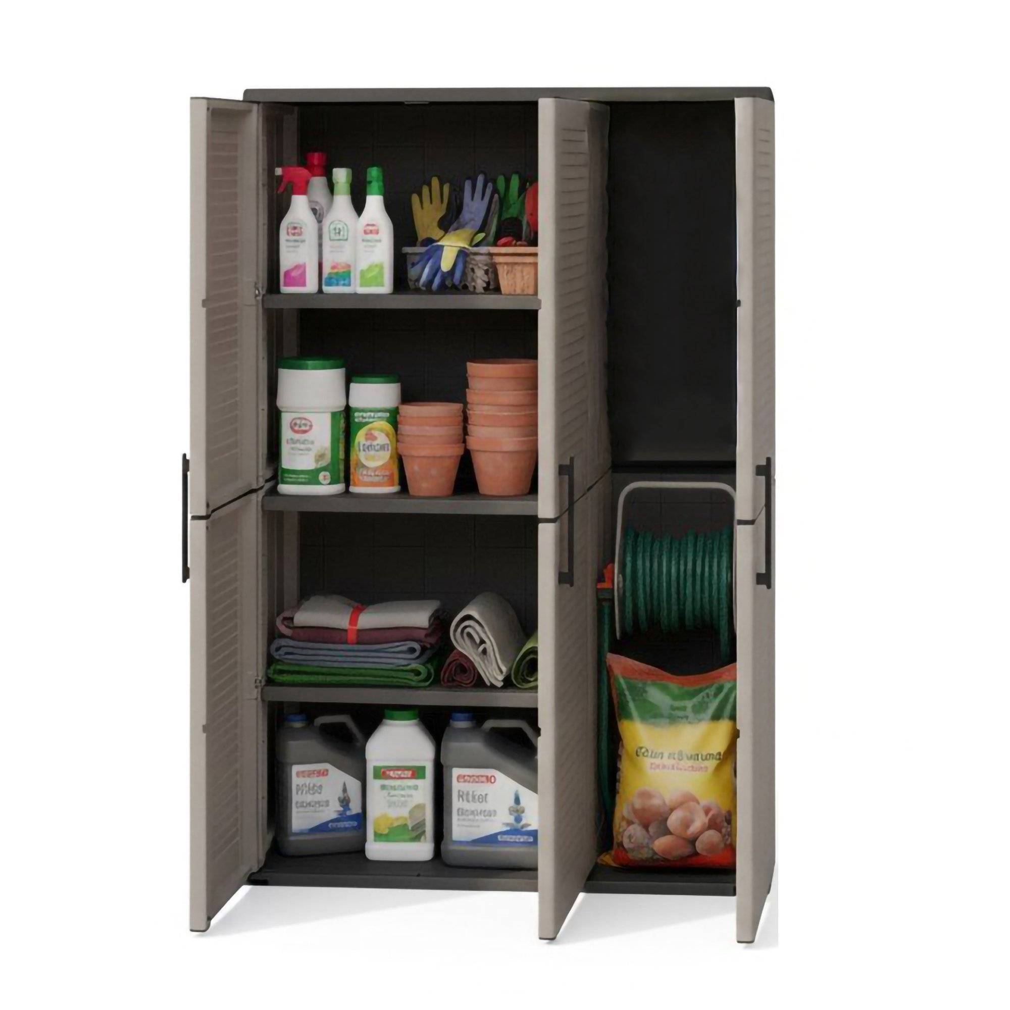 Dmora - Armoire d'extérieur Daltinie, Mobilier d'extérieur, Armoire de balcon polyvalente, Gris et Noir, Finition rayée, 102x37h163 cm - Dmora - Image 1