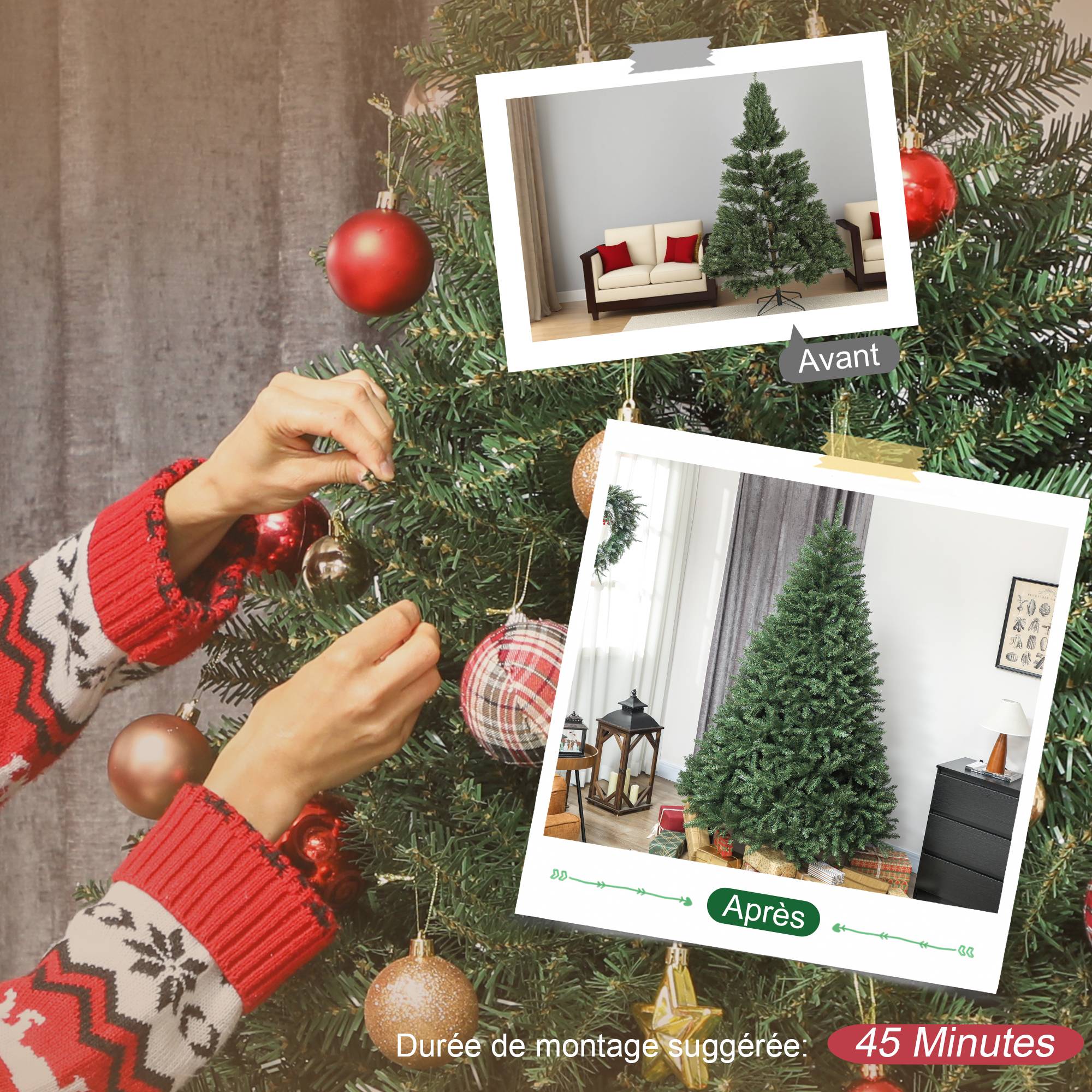 Sapin de Noël artificiel 210 cm, arbre de Noël réaliste avec 2641 pointes de branche articulée, support en métal, vert - Image 8