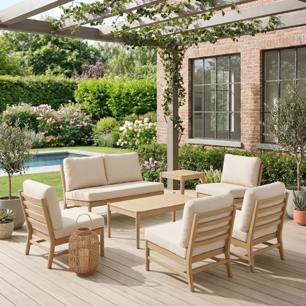 sweeek - Salon de jardin bois d'acacia naturel 6 places beige - Lunari | sweeek - Image 1